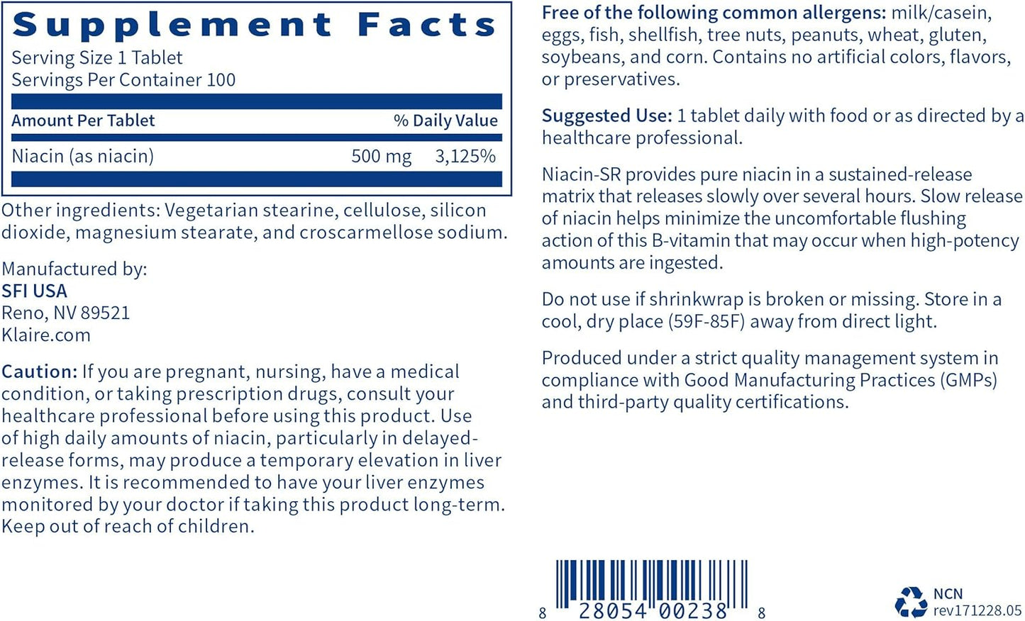 High Potency Niacin-SR 500mg Tablets - Sustained Release Vitamin B3 for Flush-Free Benefits, Adjustable Dose, Hypoallergenic - 100 Count