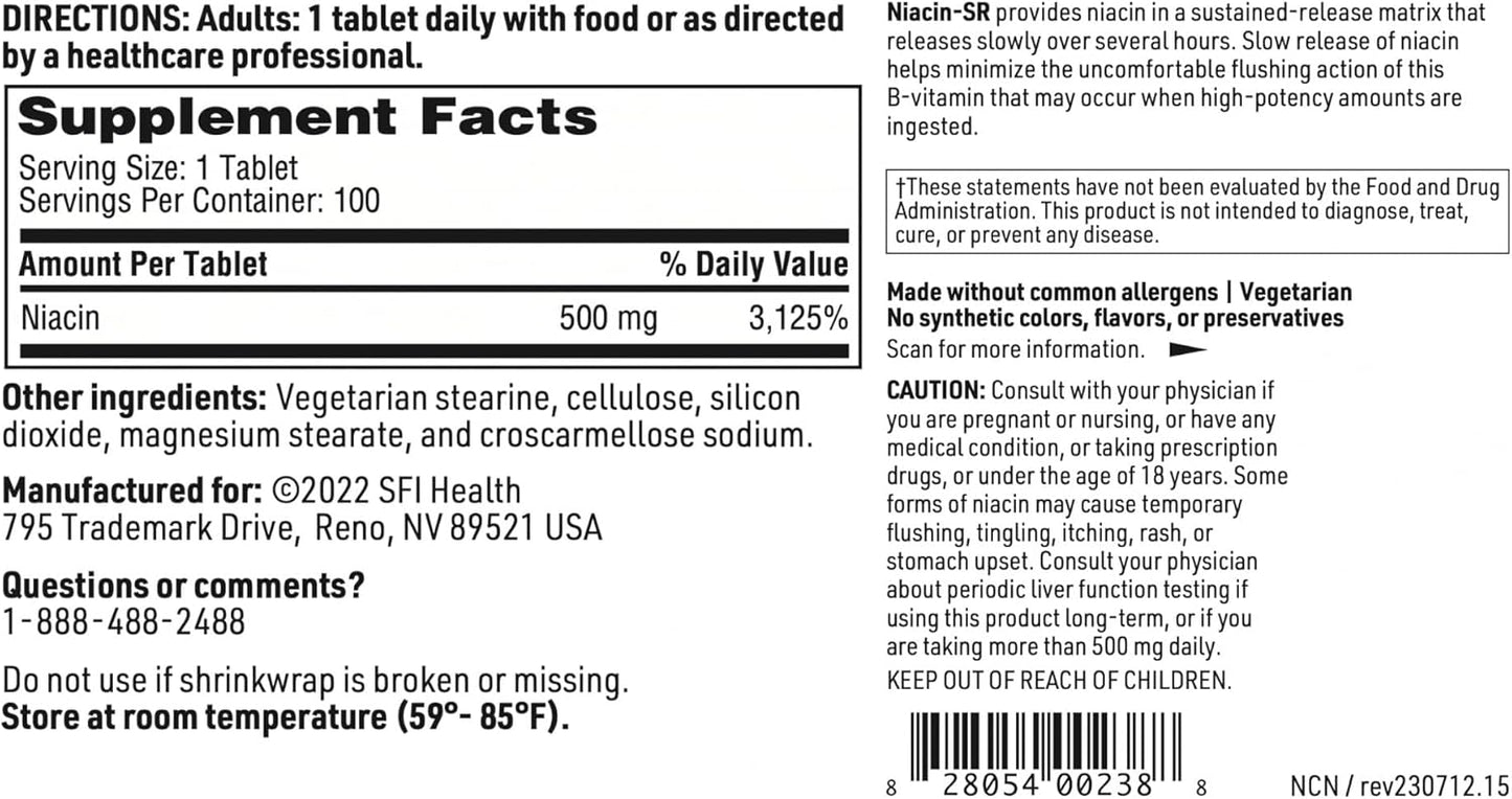 High Potency Niacin-SR 500mg Tablets - Sustained Release Vitamin B3 for Flush-Free Benefits, Adjustable Dose, Hypoallergenic - 100 Count