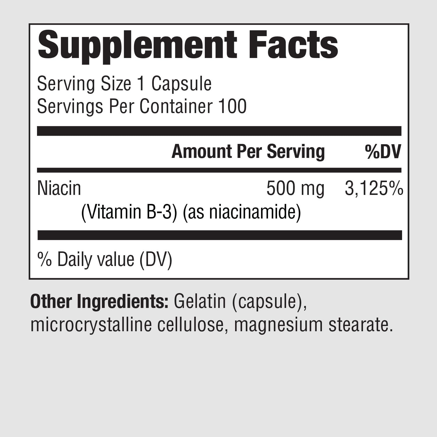 High Potency Niacinamide 500mg Supplement - 100 Capsules for Skin & Joint Health, Energy & Cellular Function - Non Flushing Formula