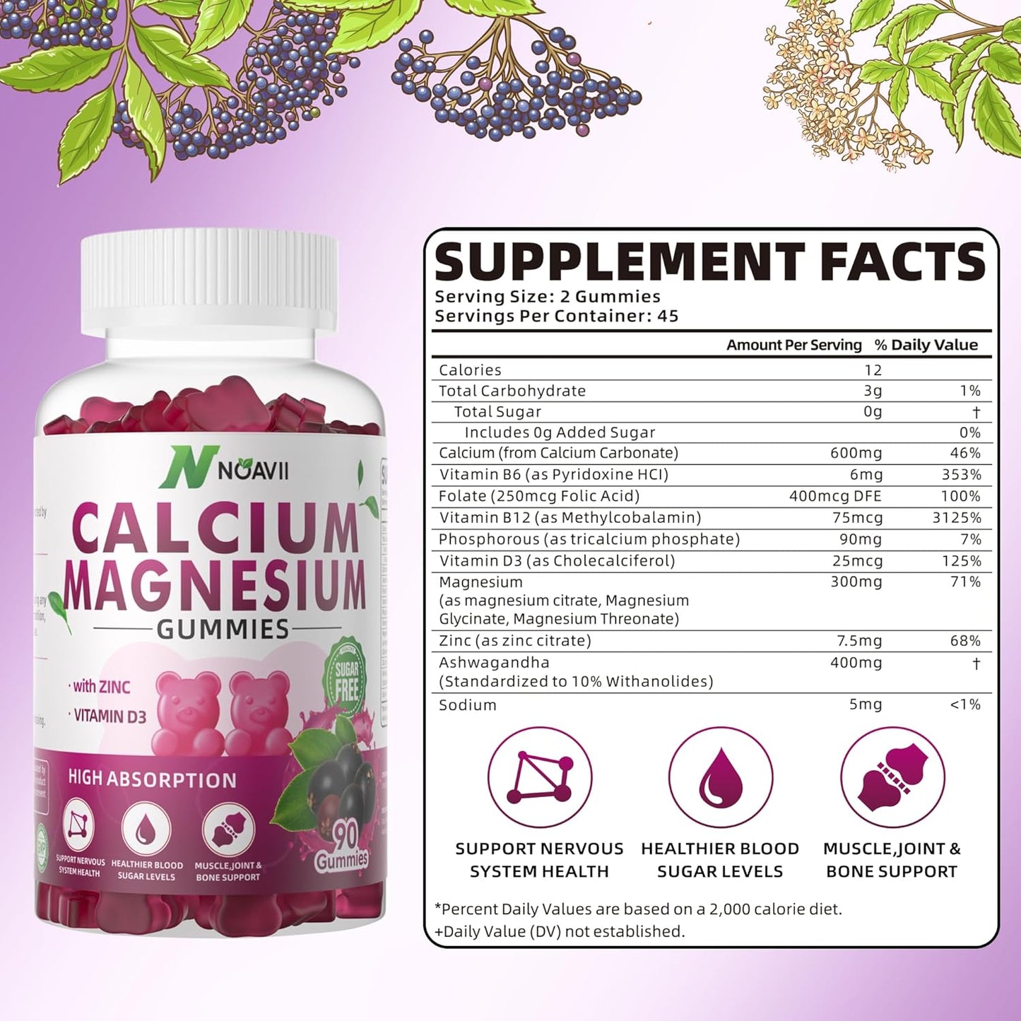 High Potency NOAVII Elderberry Flavored Gummies with Calcium, Magnesium, Zinc, Vitamin D3, and Ashwagandha - 90 Count for Enhanced Absorption