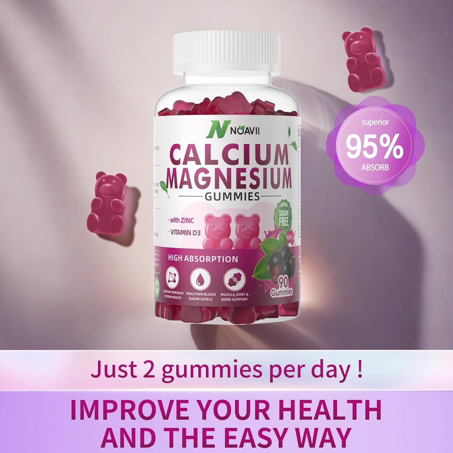 High Potency NOAVII Elderberry Flavored Gummies with Calcium, Magnesium, Zinc, Vitamin D3, and Ashwagandha - 90 Count for Enhanced Absorption