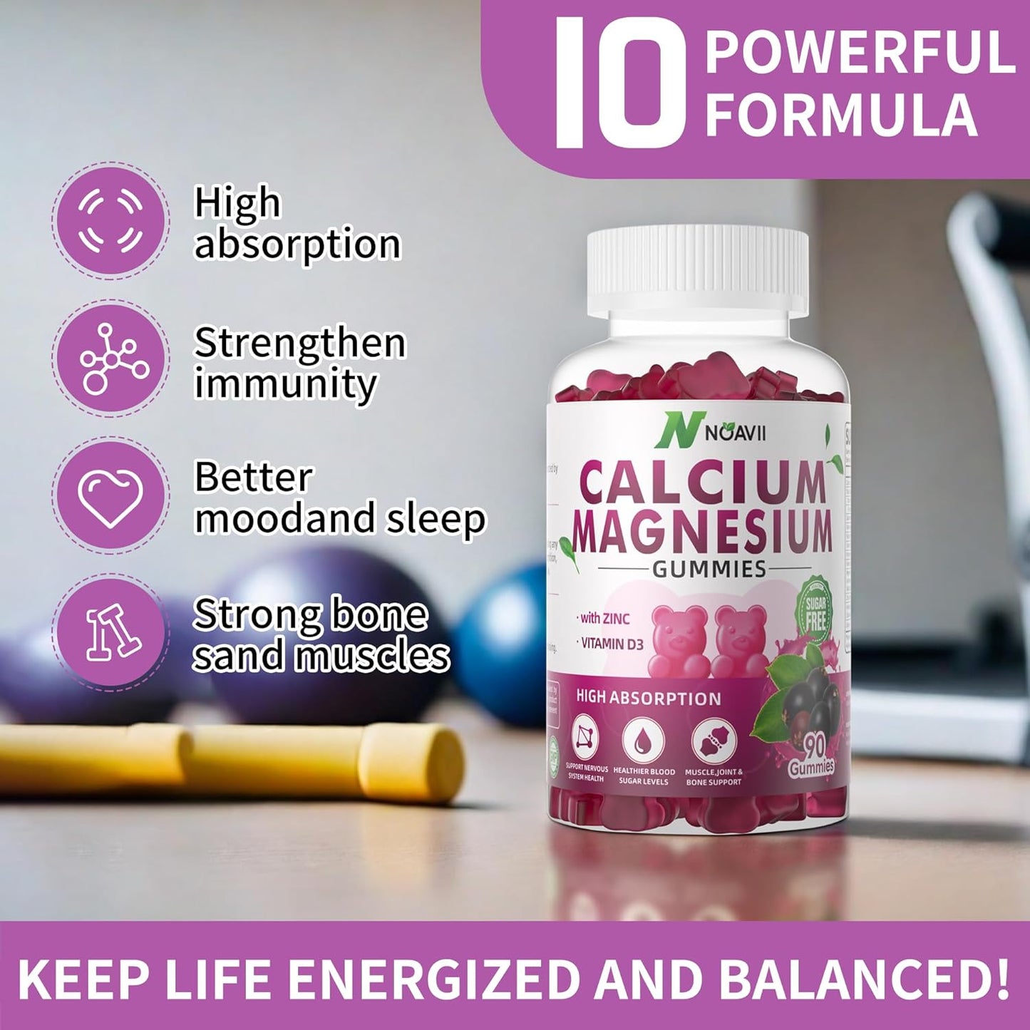 High Potency NOAVII Elderberry Flavored Gummies with Calcium, Magnesium, Zinc, Vitamin D3, and Ashwagandha - 90 Count for Enhanced Absorption