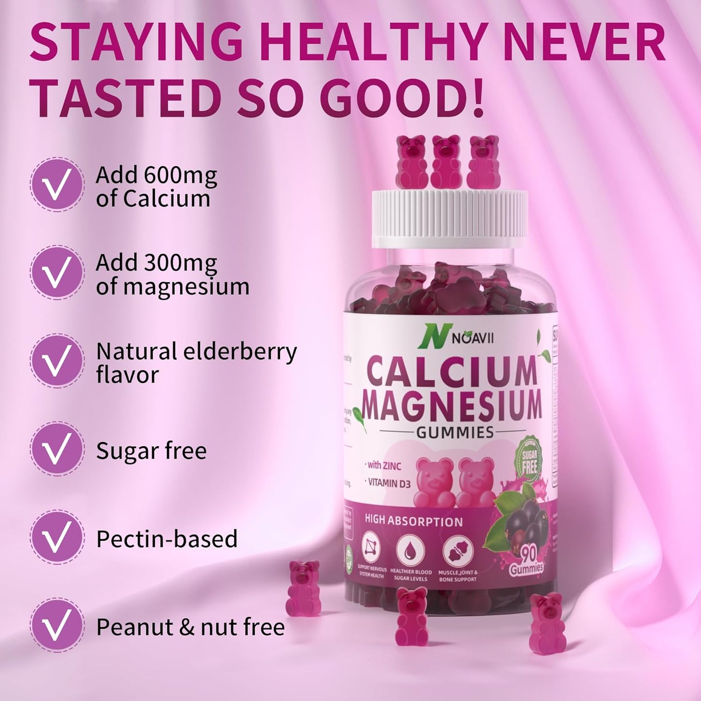 High Potency NOAVII Elderberry Flavored Gummies with Calcium, Magnesium, Zinc, Vitamin D3, and Ashwagandha - 90 Count for Enhanced Absorption