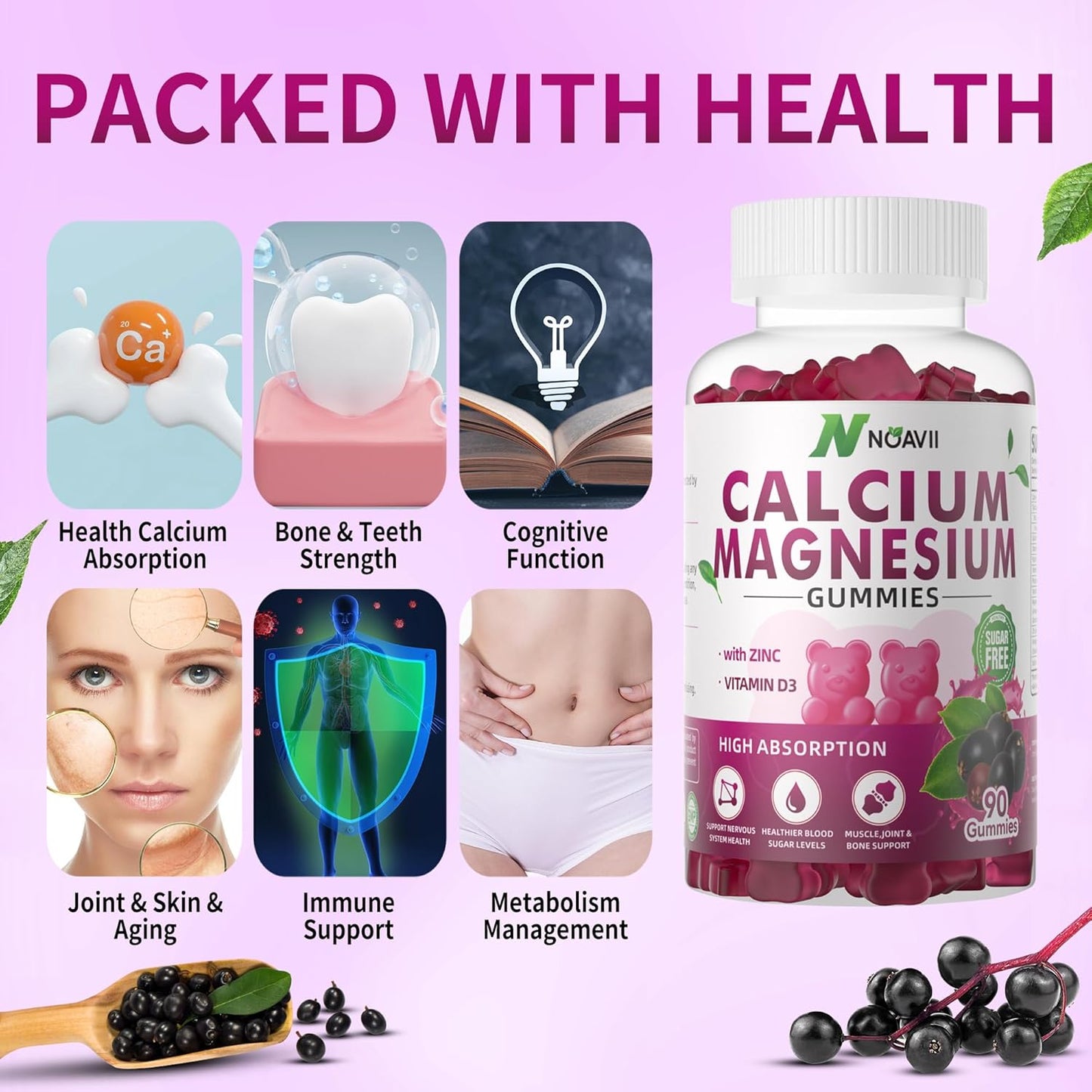 High Potency NOAVII Elderberry Flavored Gummies with Calcium, Magnesium, Zinc, Vitamin D3, and Ashwagandha - 90 Count for Enhanced Absorption