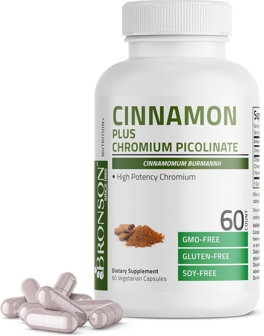 High Potency Non-GMO Cinnamon Plus Chromium Picolinate Supplement, 60 Vegetarian Capsules