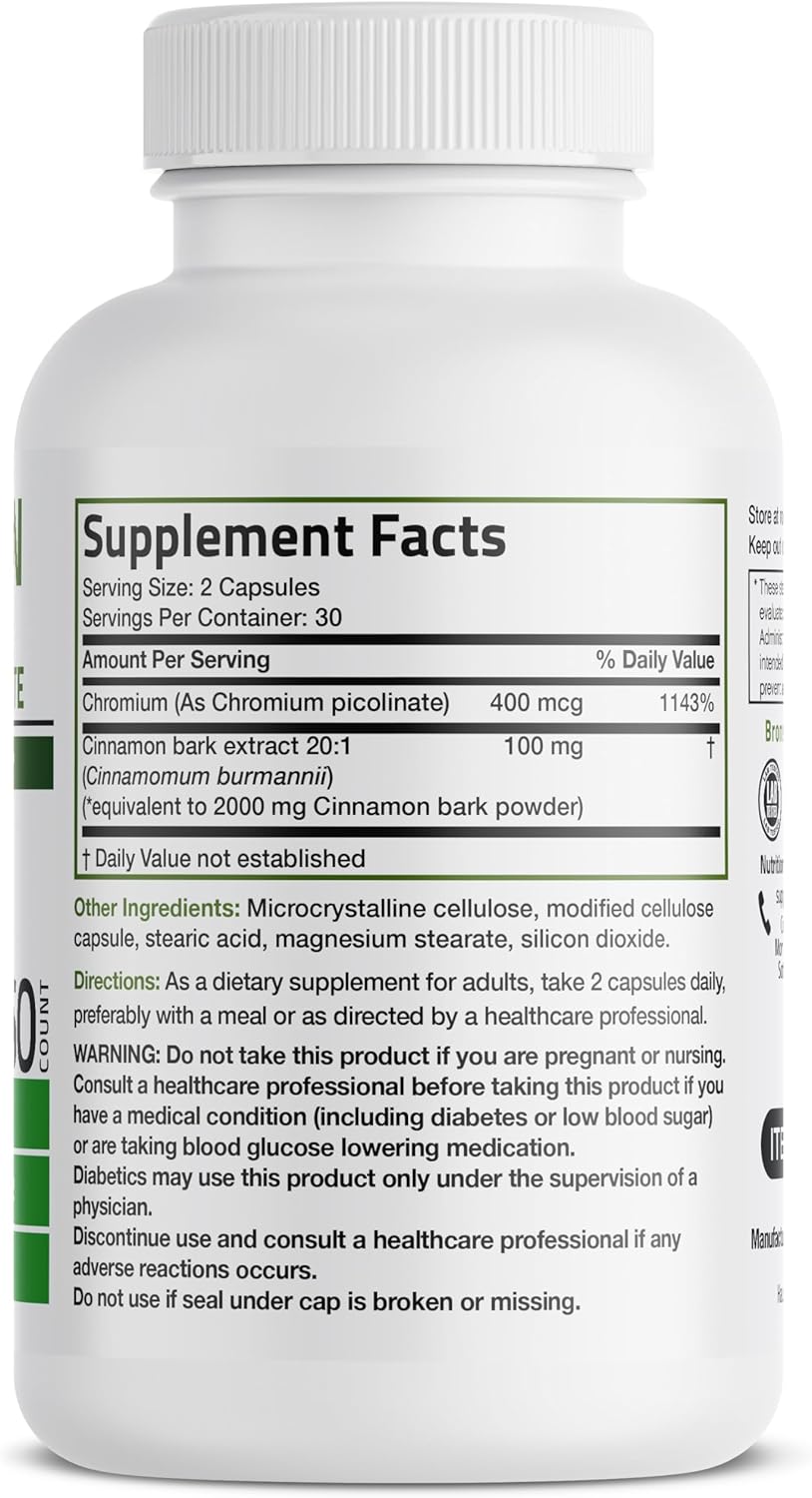 High Potency Non-GMO Cinnamon Plus Chromium Picolinate Supplement, 60 Vegetarian Capsules