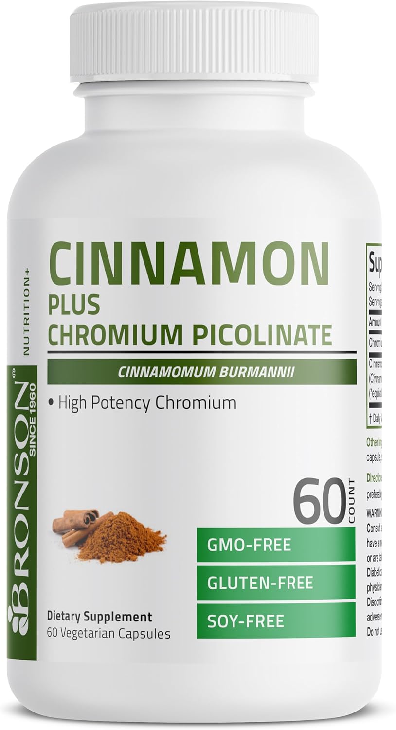 High Potency Non-GMO Cinnamon Plus Chromium Picolinate Supplement, 60 Vegetarian Capsules