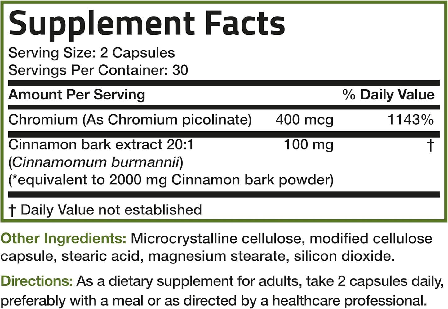 High Potency Non-GMO Cinnamon Plus Chromium Picolinate Supplement, 60 Vegetarian Capsules