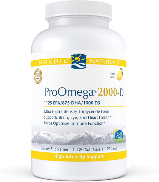 High-Potency Nordic Naturals ProOmega 2000-D Soft Gels - Lemon Flavor - Omega-3 + D3 for Brain, Heart, Joint, & Immune Health - 120 Count