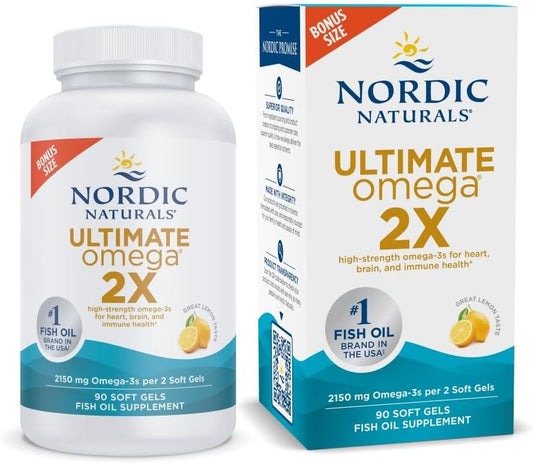 High-Potency Nordic Naturals Ultimate Omega 2X Lemon Flavor Soft Gels - 90 Count - 2150mg Omega-3 Fish Oil with EPA & DHA - Brain & Heart Health Support - Non-GMO - 45 Servings
