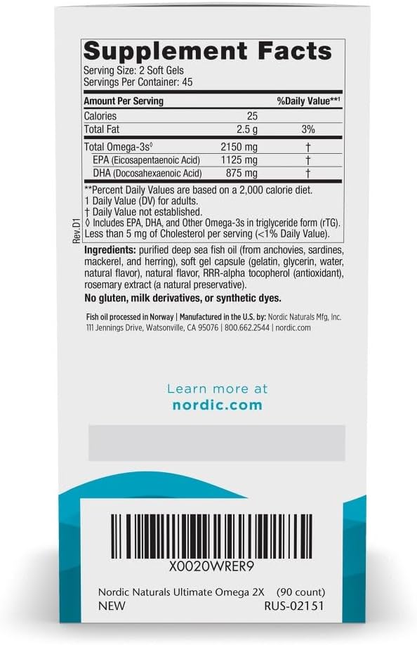 High-Potency Nordic Naturals Ultimate Omega 2X Lemon Flavor Soft Gels - 90 Count - 2150mg Omega-3 Fish Oil with EPA & DHA - Brain & Heart Health Support - Non-GMO - 45 Servings