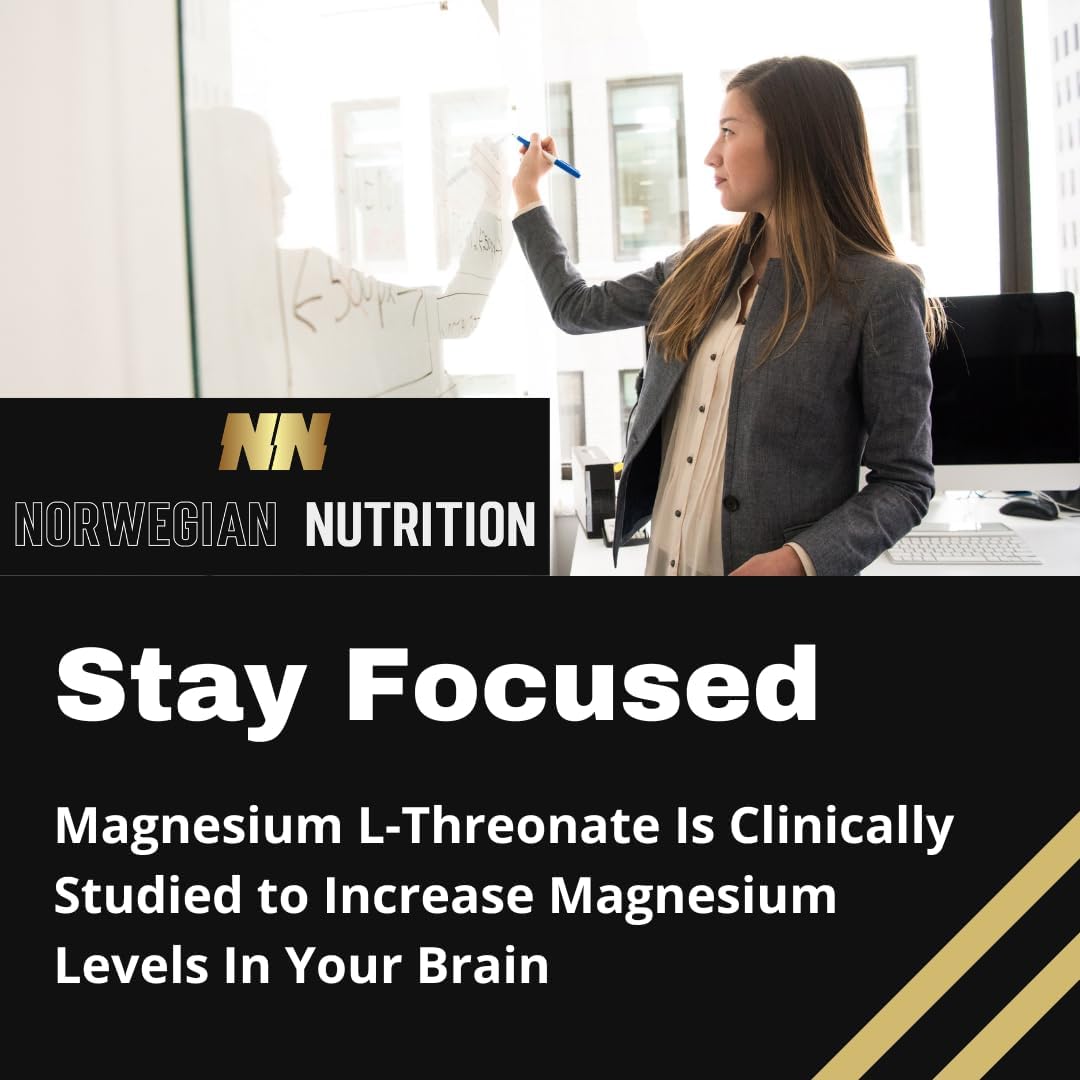 High Potency Norwegian Nutrition Magnesium L-Threonate Capsules - 60 Count, 300MG Each - Improve Sleep, Focus, Memory & Cognitive Function - 99.9% Pure, Gluten Free - Superior Quality!