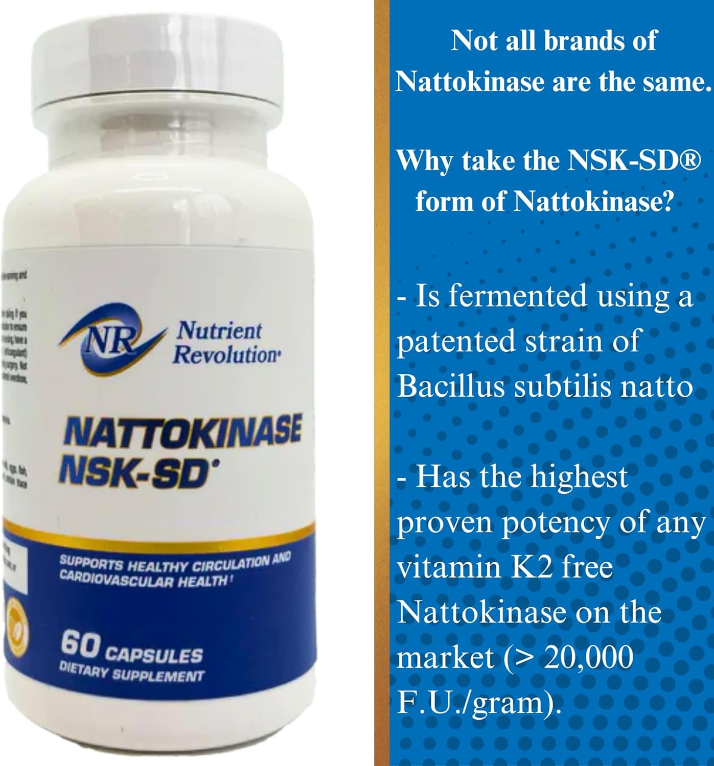 High Potency NSK-SD Nattokinase Supplement for Cardiovascular Support - Promotes Circulation, Non-GMO, Vegetarian - 60 Ct