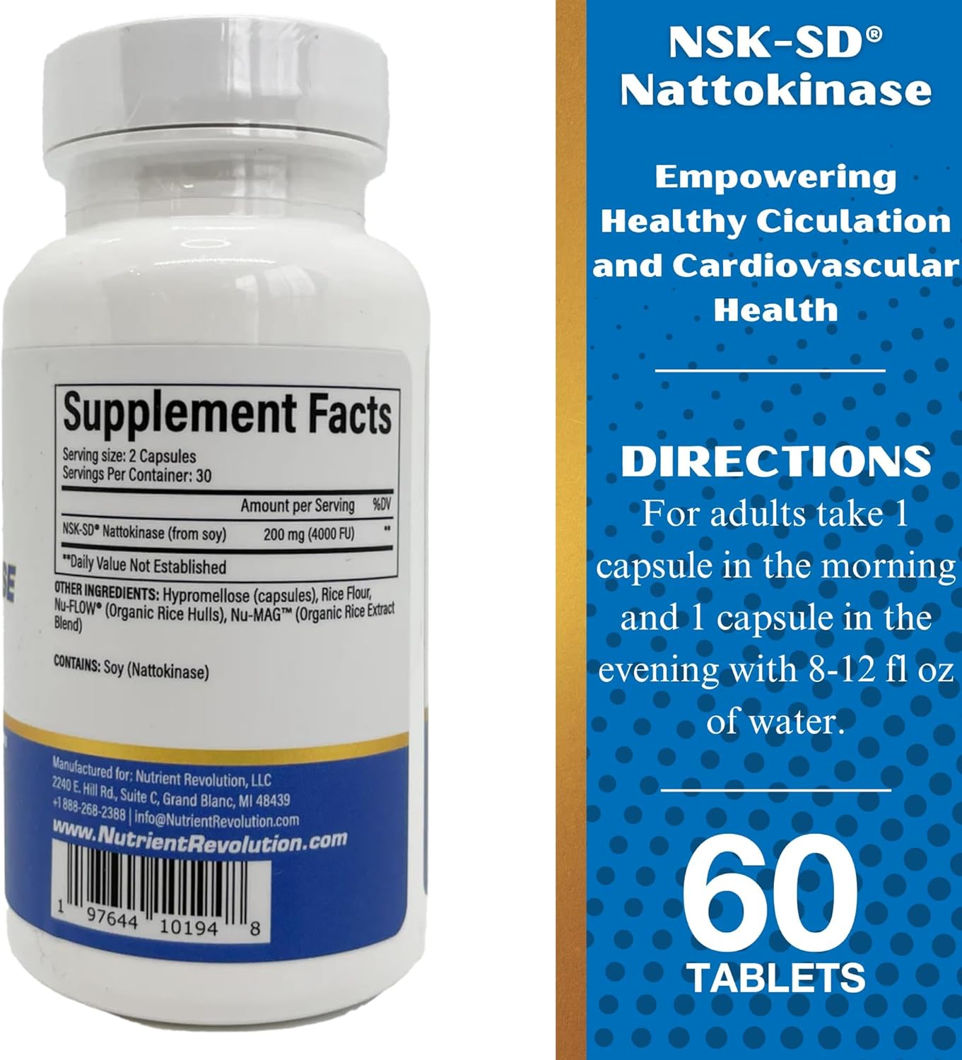 High Potency NSK-SD Nattokinase Supplement for Cardiovascular Support - Promotes Circulation, Non-GMO, Vegetarian - 60 Ct
