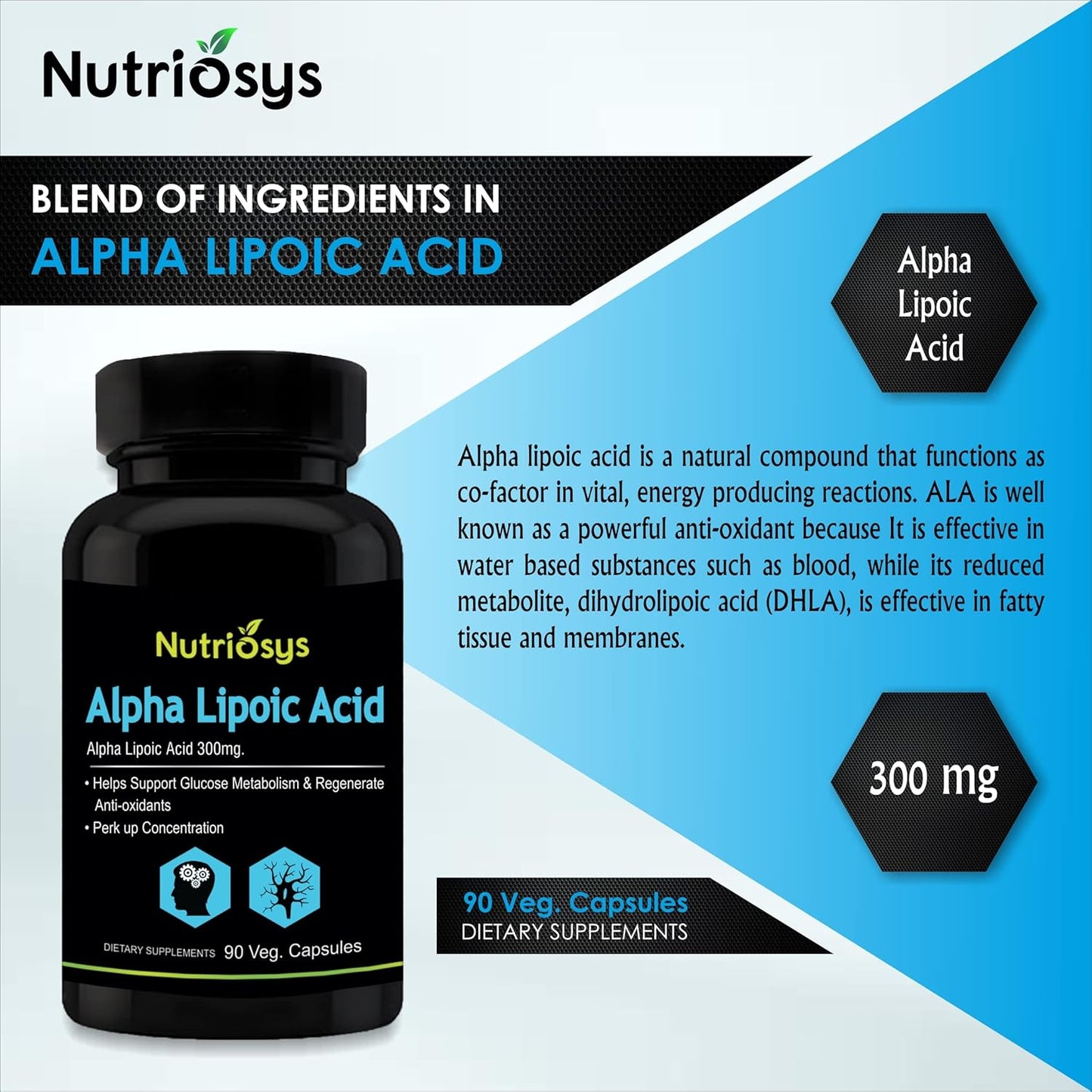 High Potency Nutriosys Alpha Lipoic Acid Supplement - 300mg - 90 Vegetarian Capsules
