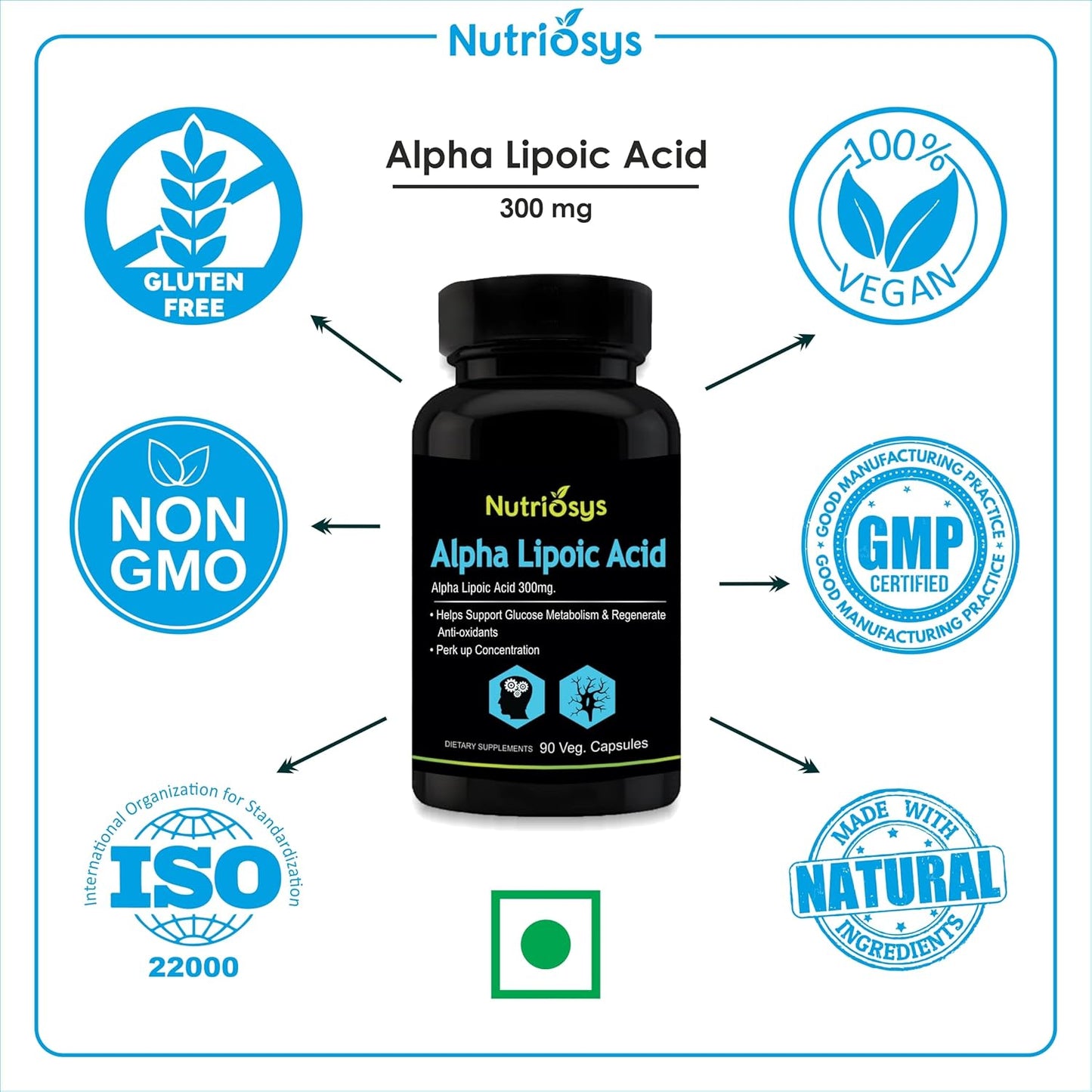 High Potency Nutriosys Alpha Lipoic Acid Supplement - 300mg - 90 Vegetarian Capsules