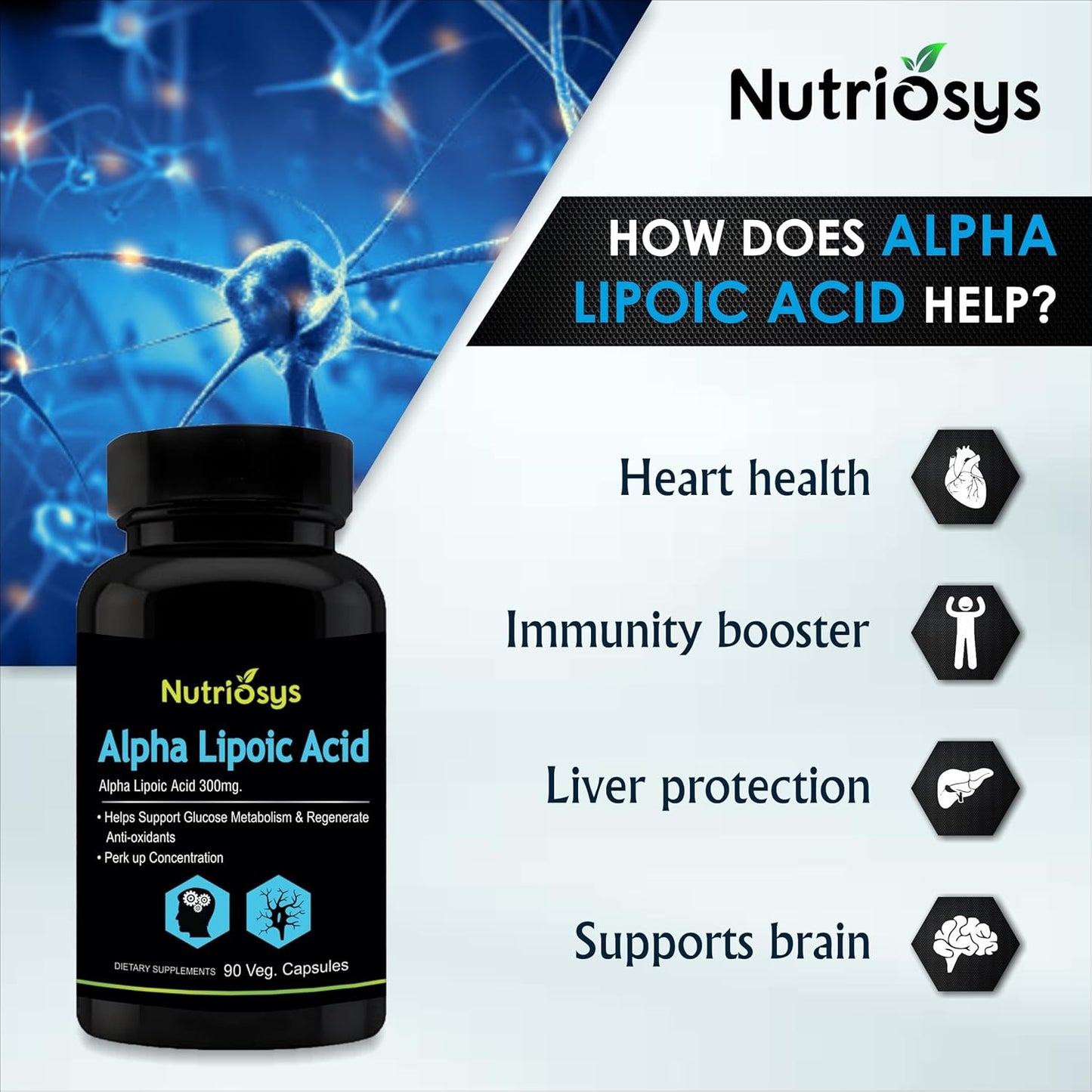 High Potency Nutriosys Alpha Lipoic Acid Supplement - 300mg - 90 Vegetarian Capsules