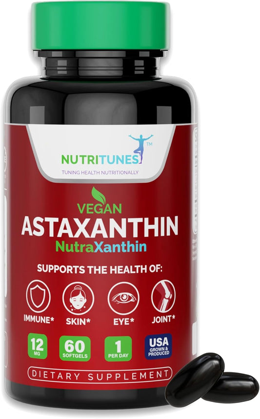 High Potency Nutritunes Astaxanthin 12mg Softgels for Skin, Eye & Immune Support - Non-GMO, Gluten-Free, 60 Vegan Softgels