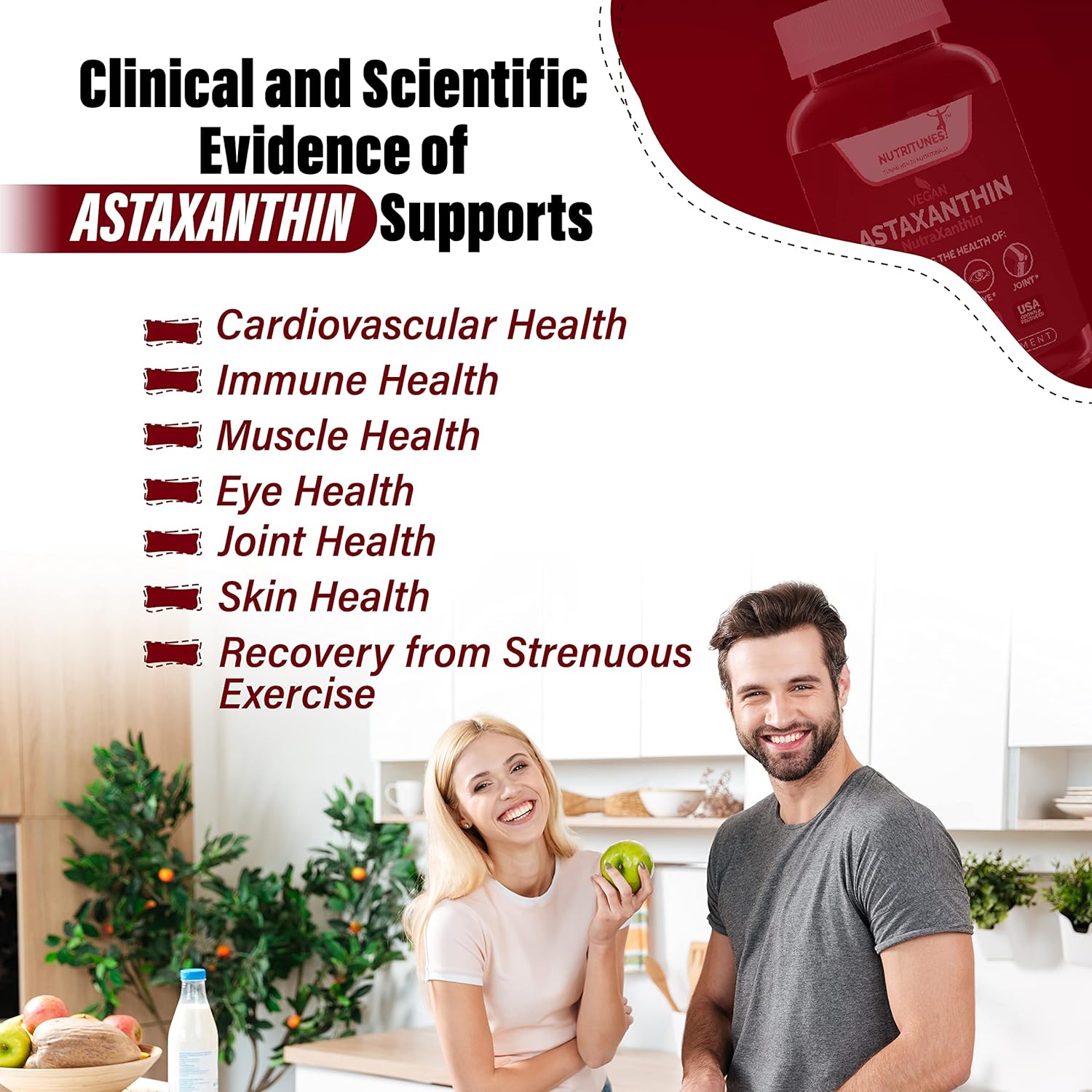 High Potency Nutritunes Astaxanthin 12mg Softgels for Skin, Eye & Immune Support - Non-GMO, Gluten-Free, 60 Vegan Softgels