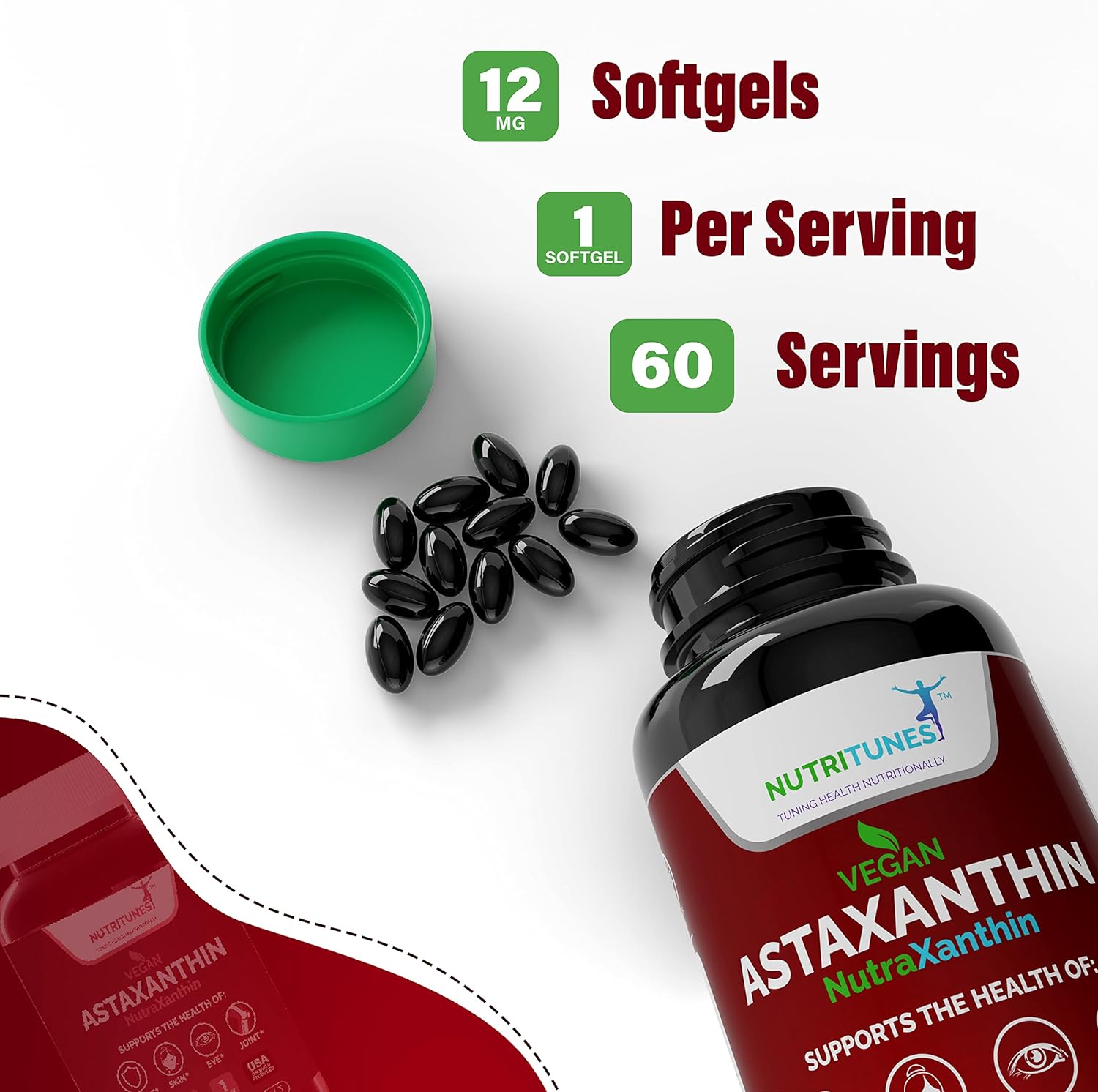 High Potency Nutritunes Astaxanthin 12mg Softgels for Skin, Eye & Immune Support - Non-GMO, Gluten-Free, 60 Vegan Softgels