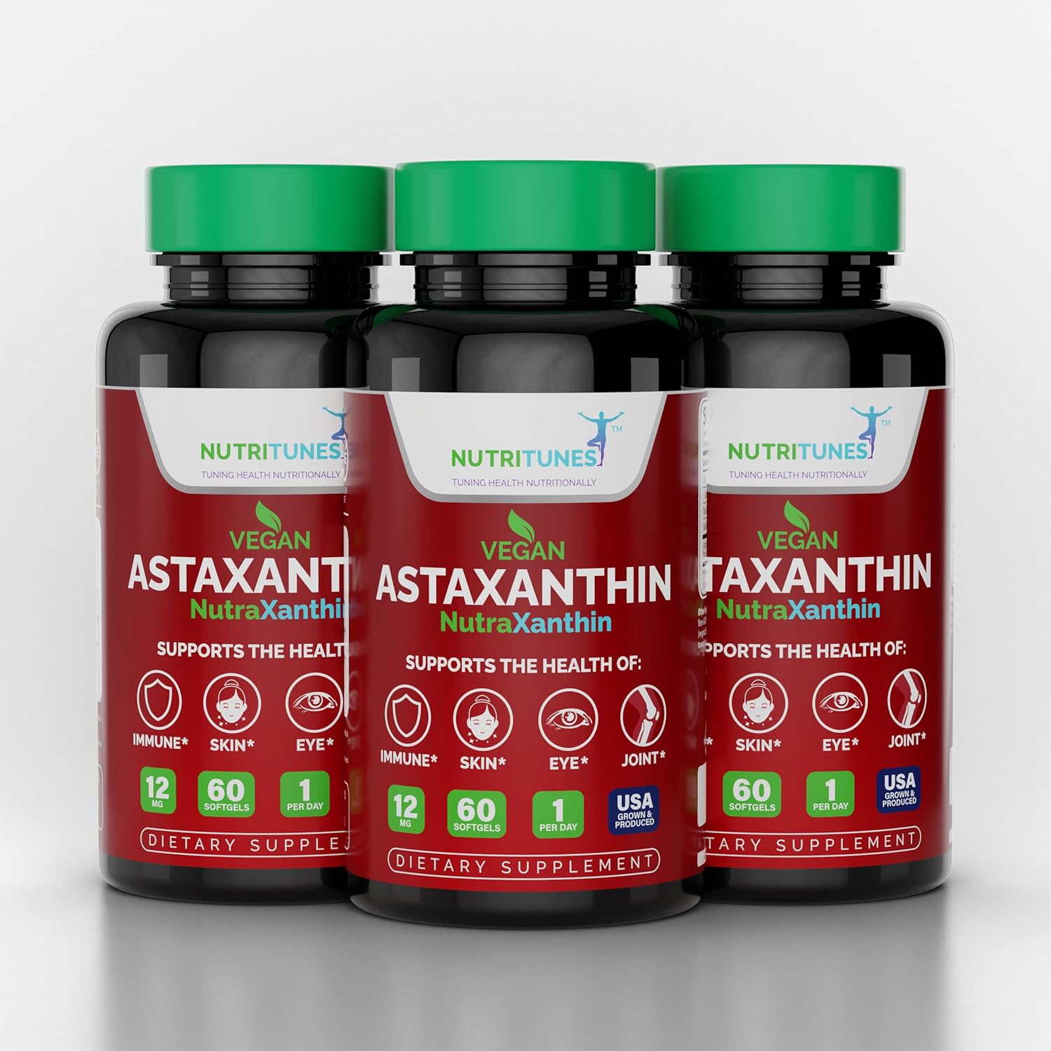 High Potency Nutritunes Astaxanthin 12mg Softgels for Skin, Eye & Immune Support - Non-GMO, Gluten-Free, 60 Vegan Softgels