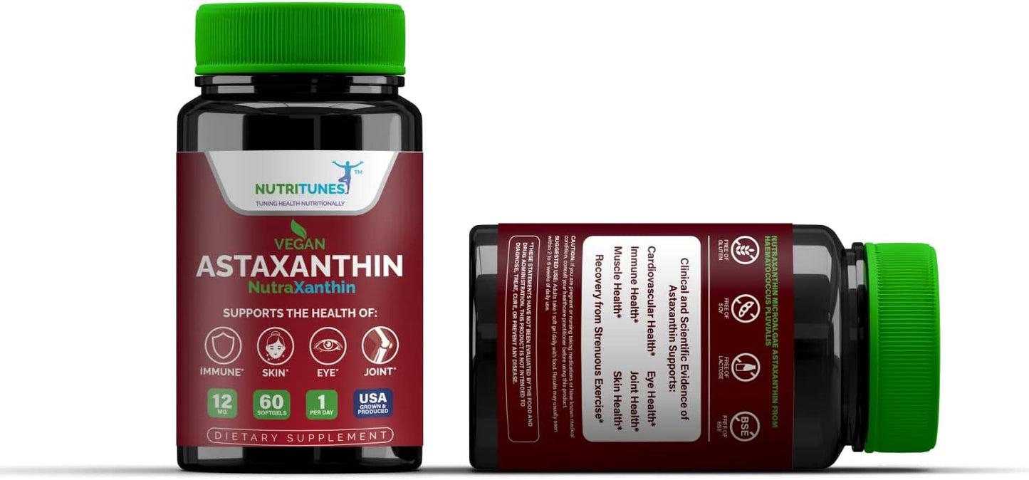 High Potency Nutritunes Astaxanthin 12mg Softgels for Skin, Eye & Immune Support - Non-GMO, Gluten-Free, 60 Vegan Softgels