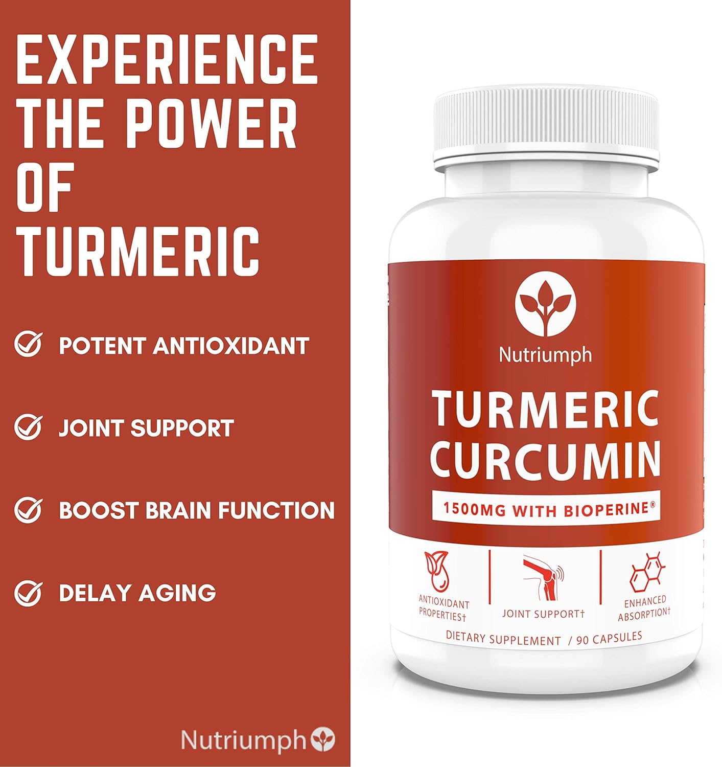 High Potency Nutriumph Turmeric Curcumin Capsules with Bioperine for Enhanced Absorption - 90 Capsules, 1500mg Premium Ingredients