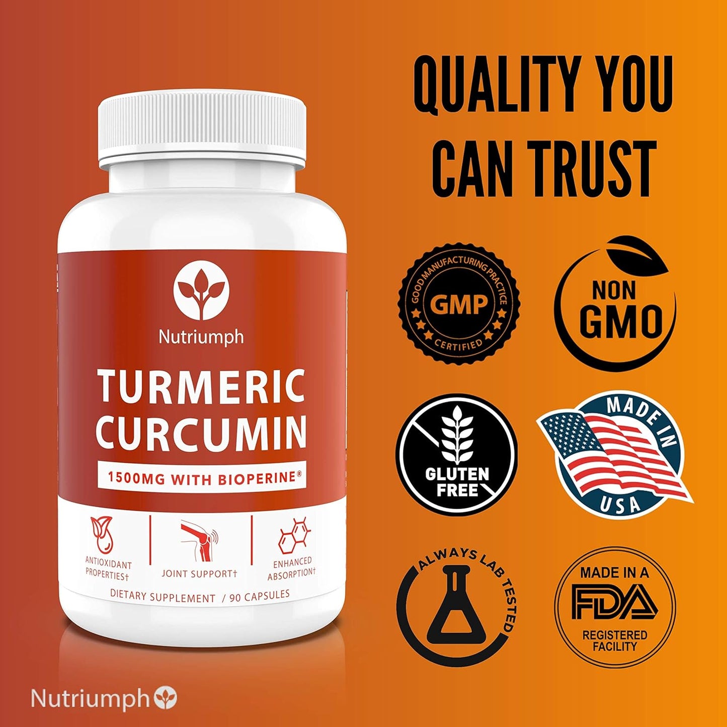 High Potency Nutriumph Turmeric Curcumin Capsules with Bioperine for Enhanced Absorption - 90 Capsules, 1500mg Premium Ingredients