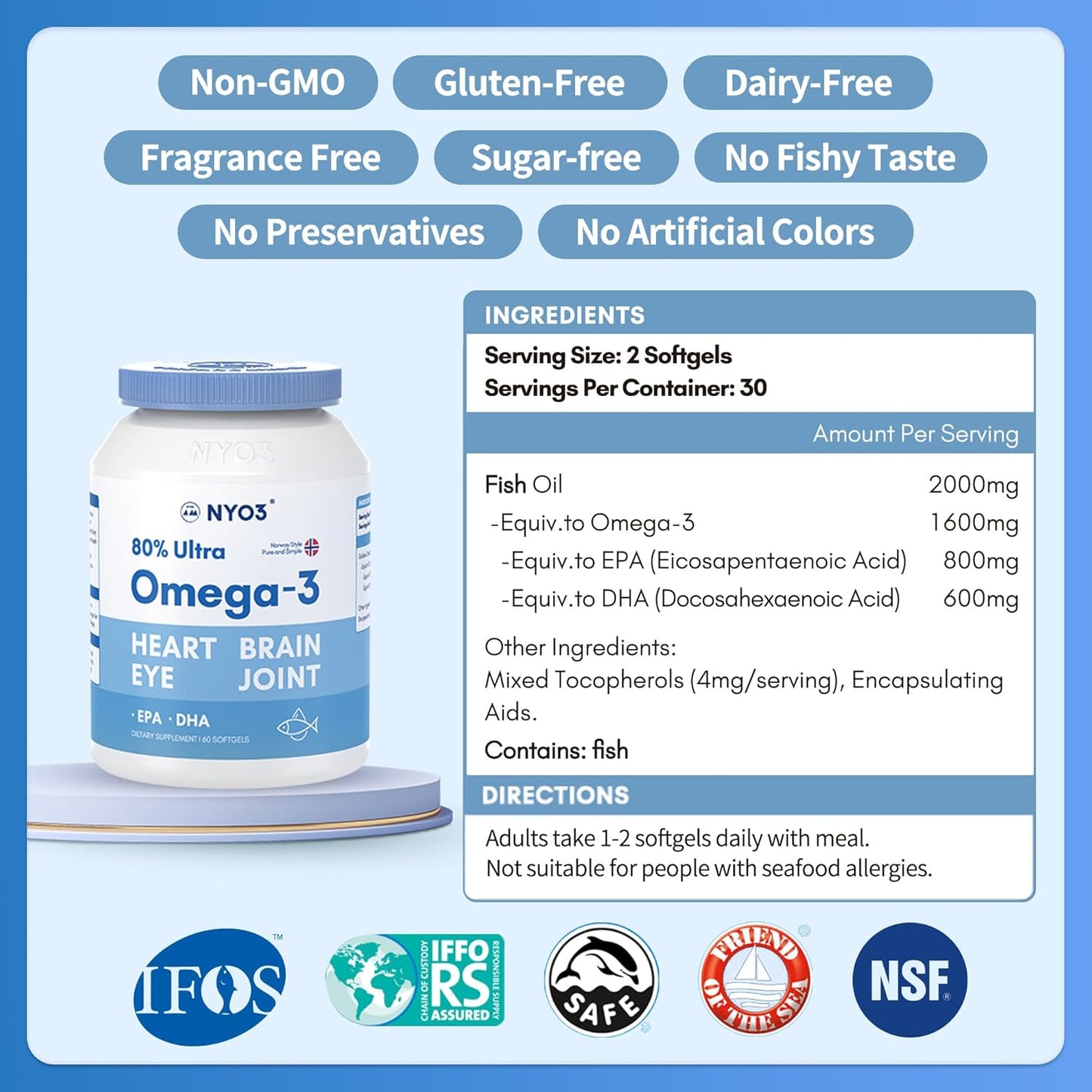 High Potency NYO3 Omega-3 Fish Oil Supplement, 2000mg Burpless Fish Oil with 800mg EPA and 600mg DHA, 60 Softgels for Health Support