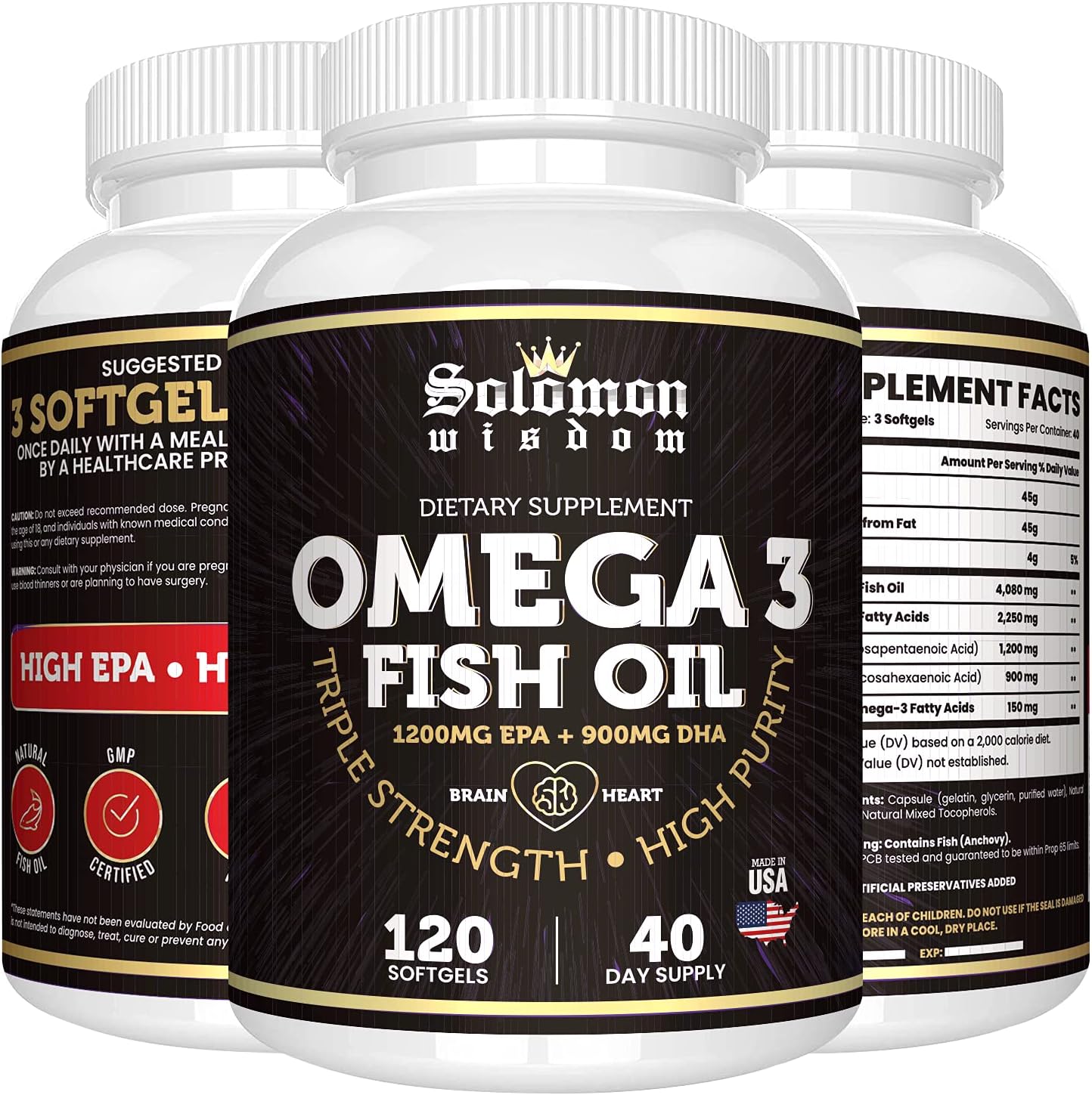 High Potency Omega 3 Fish Oil Supplement - 120 Softgels with EPA 1200mg & DHA 900mg - Promotes Heart and Brain Health - Lemon Flavored, Burpless Formula