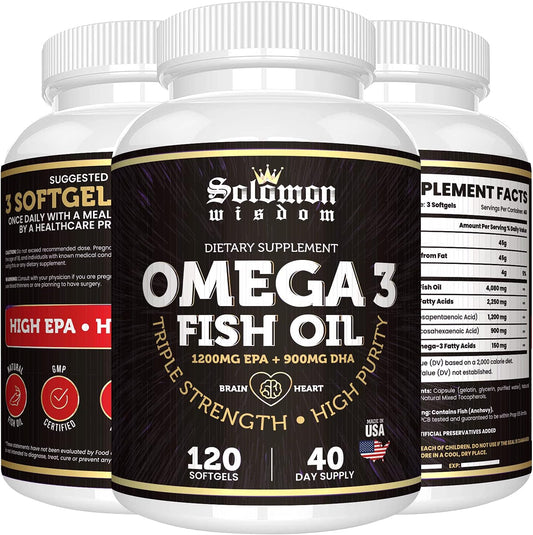High Potency Omega 3 Fish Oil Supplement - 120 Softgels with EPA 1200mg & DHA 900mg - Promotes Heart and Brain Health - Lemon Flavored, Burpless Formula