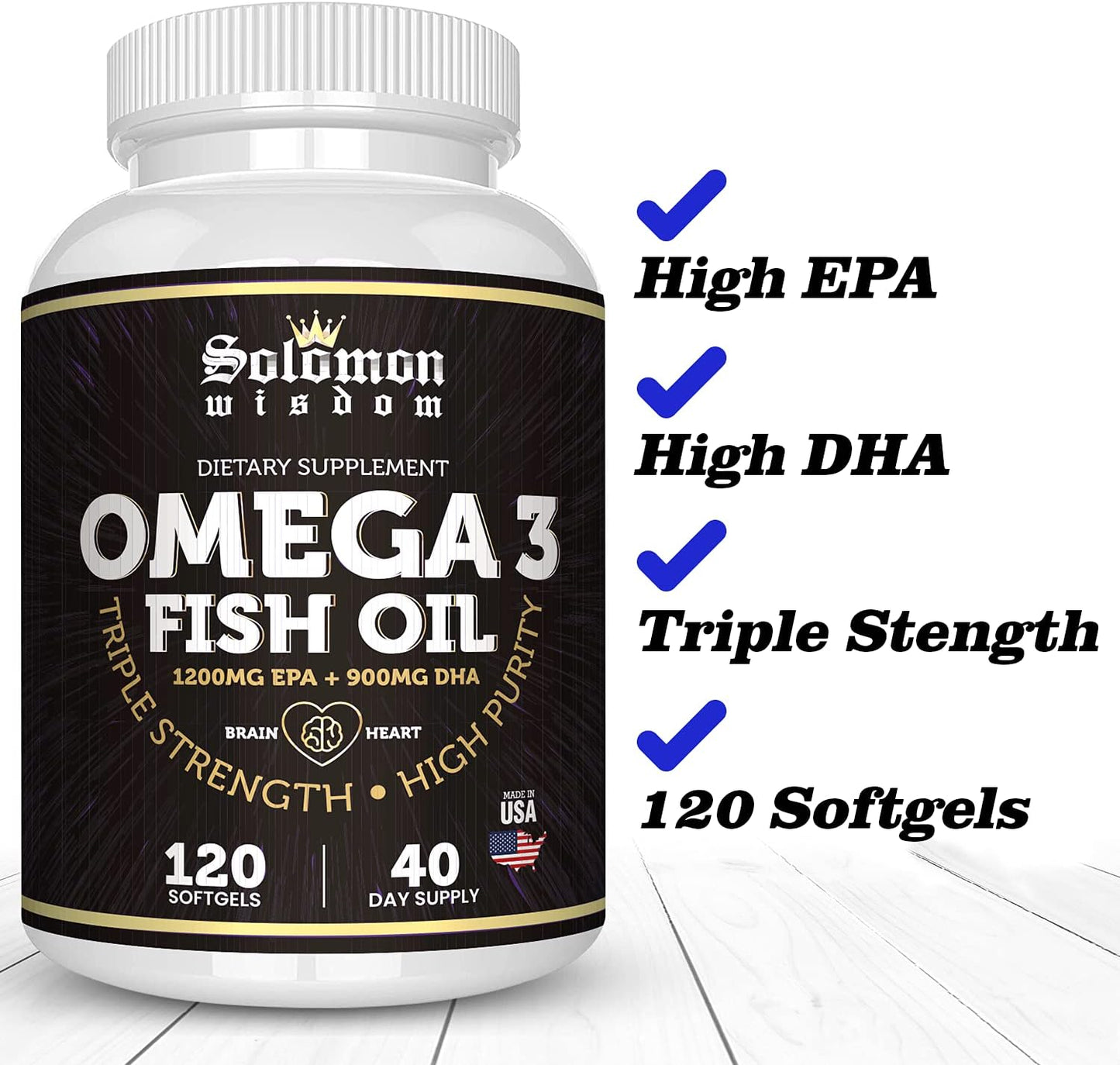 High Potency Omega 3 Fish Oil Supplement - 120 Softgels with EPA 1200mg & DHA 900mg - Promotes Heart and Brain Health - Lemon Flavored, Burpless Formula
