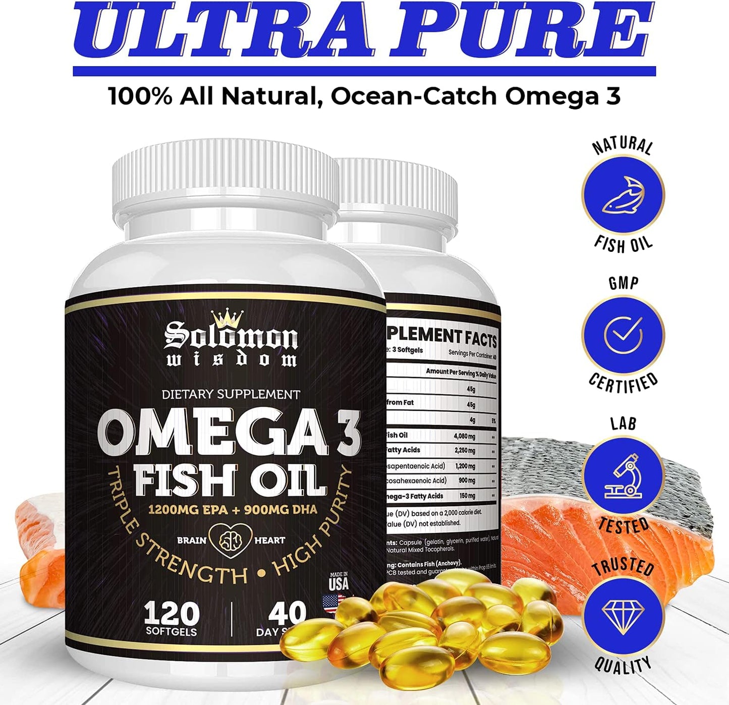 High Potency Omega 3 Fish Oil Supplement - 120 Softgels with EPA 1200mg & DHA 900mg - Promotes Heart and Brain Health - Lemon Flavored, Burpless Formula