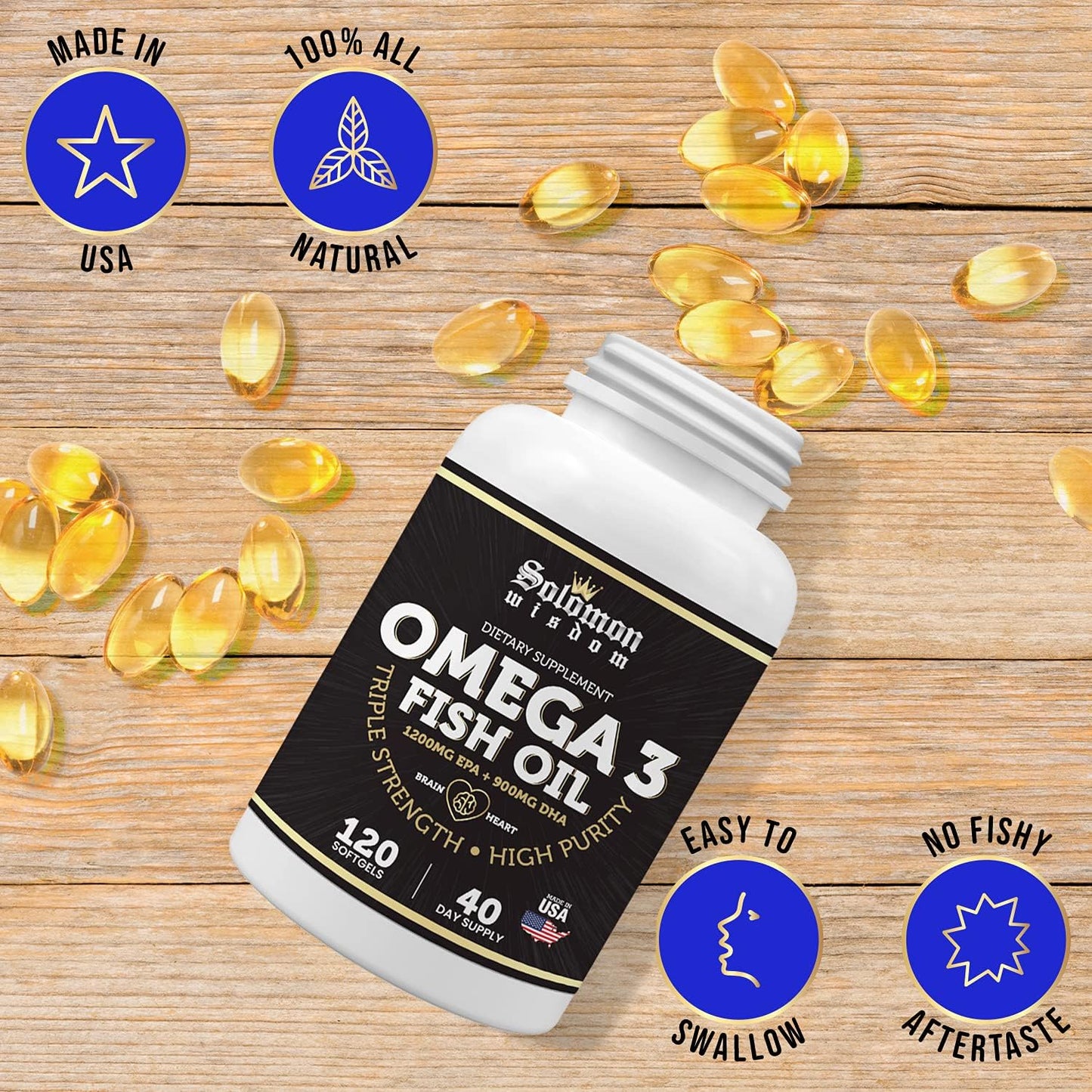 High Potency Omega 3 Fish Oil Supplement - 120 Softgels with EPA 1200mg & DHA 900mg - Promotes Heart and Brain Health - Lemon Flavored, Burpless Formula