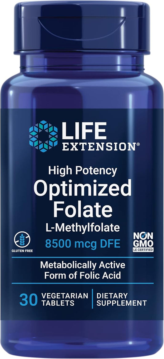 High Potency Optimized Folate with L-methylfolate for Heart & Brain Support - 8500 mcg DFE - Gluten-Free, Non-GMO, Vegetarian - 30 Tablets