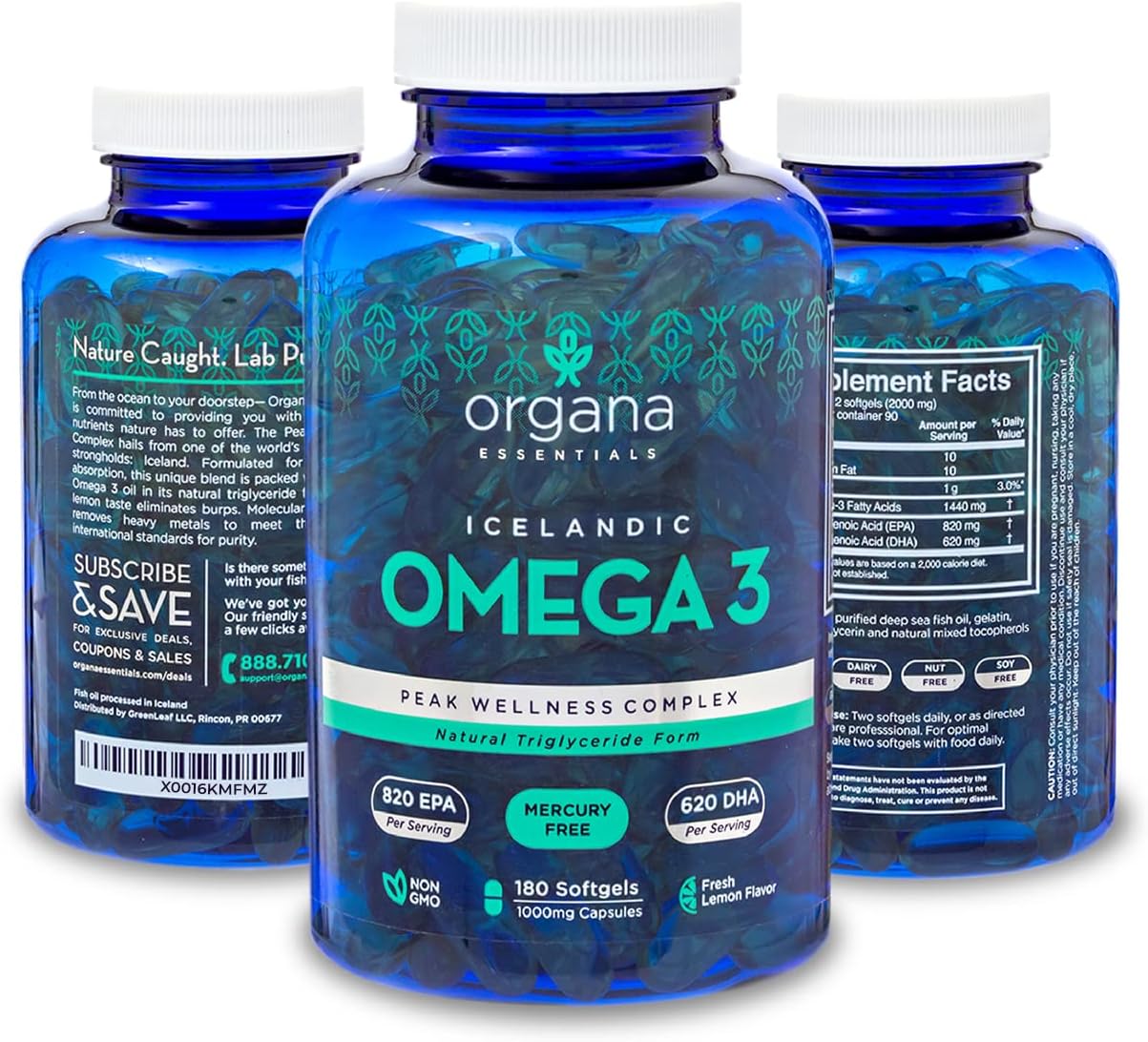 High Potency Organa Essentials Omega-3 Fish Oil Supplement - 180 Triple Strength Lemon Flavored Softgels - 2000mg with 820mg EPA and 620mg DHA