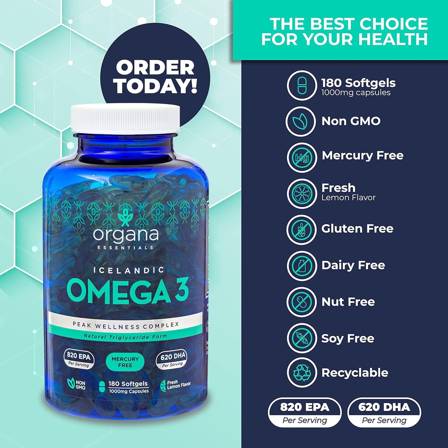 High Potency Organa Essentials Omega-3 Fish Oil Supplement - 180 Triple Strength Lemon Flavored Softgels - 2000mg with 820mg EPA and 620mg DHA