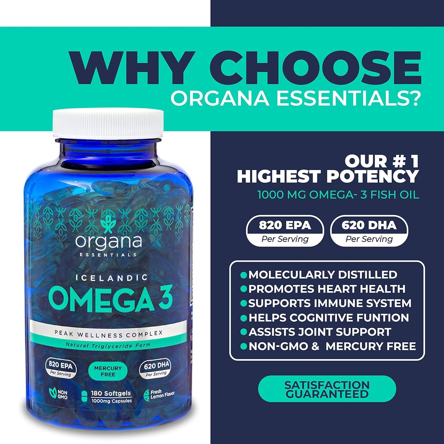 High Potency Organa Essentials Omega-3 Fish Oil Supplement - 180 Triple Strength Lemon Flavored Softgels - 2000mg with 820mg EPA and 620mg DHA