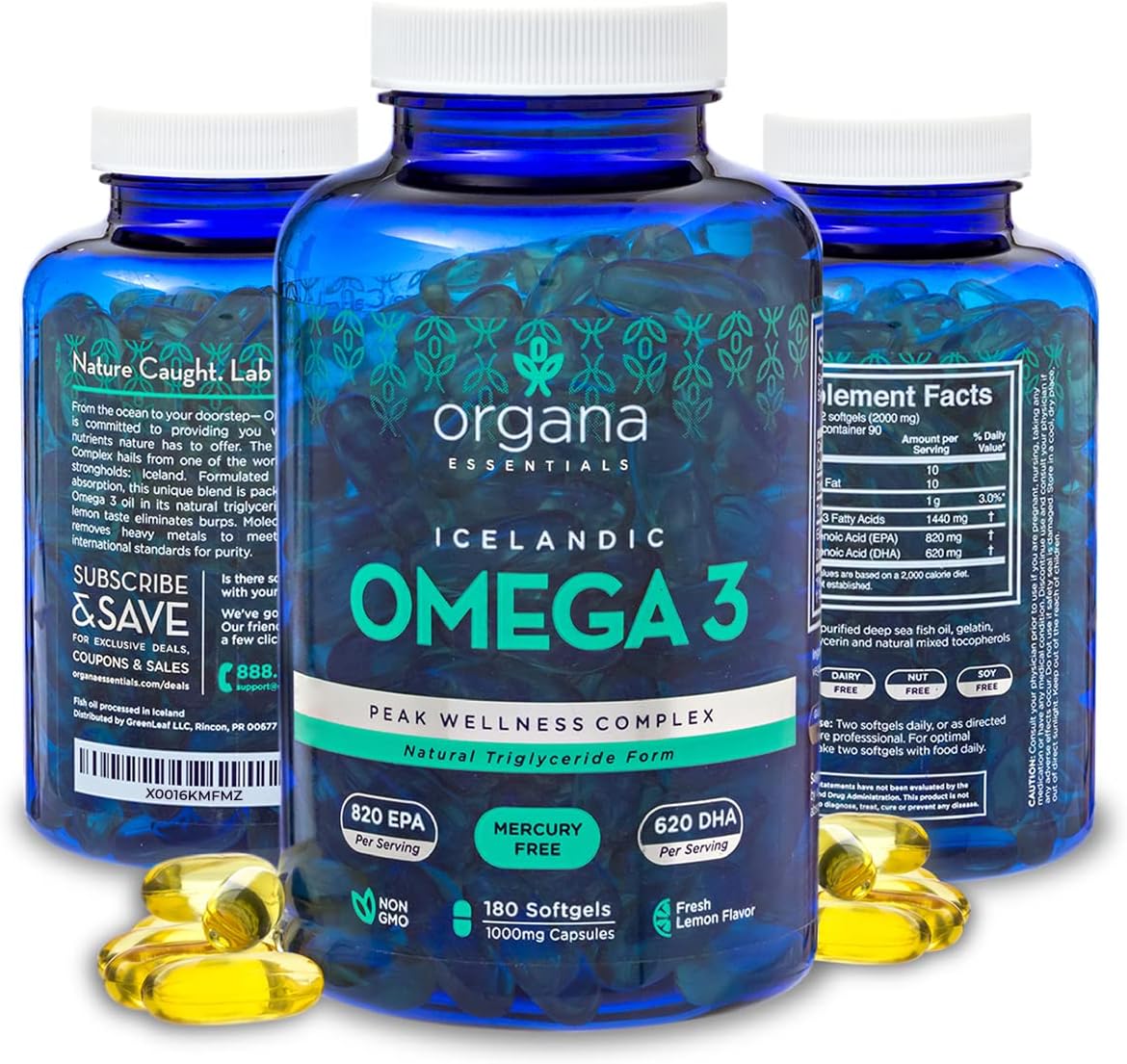 High Potency Organa Essentials Omega-3 Fish Oil Supplement - 180 Triple Strength Lemon Flavored Softgels - 2000mg with 820mg EPA and 620mg DHA