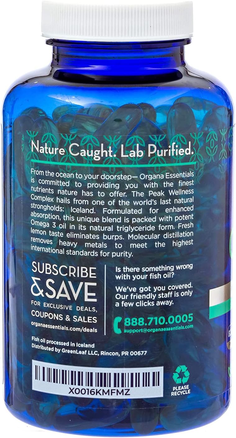 High Potency Organa Essentials Omega-3 Fish Oil Supplement - 180 Triple Strength Lemon Flavored Softgels - 2000mg with 820mg EPA and 620mg DHA