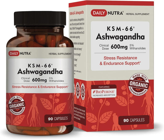 High Potency Organic KSM-66 Ashwagandha 600mg Root Extract Capsules - 5% Withanolides for Relaxation, Focus, Energy - 90 Count
