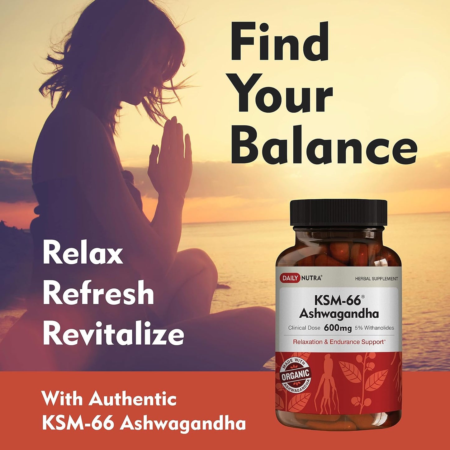 High Potency Organic KSM-66 Ashwagandha 600mg Root Extract Capsules - 5% Withanolides for Relaxation, Focus, Energy - 90 Count