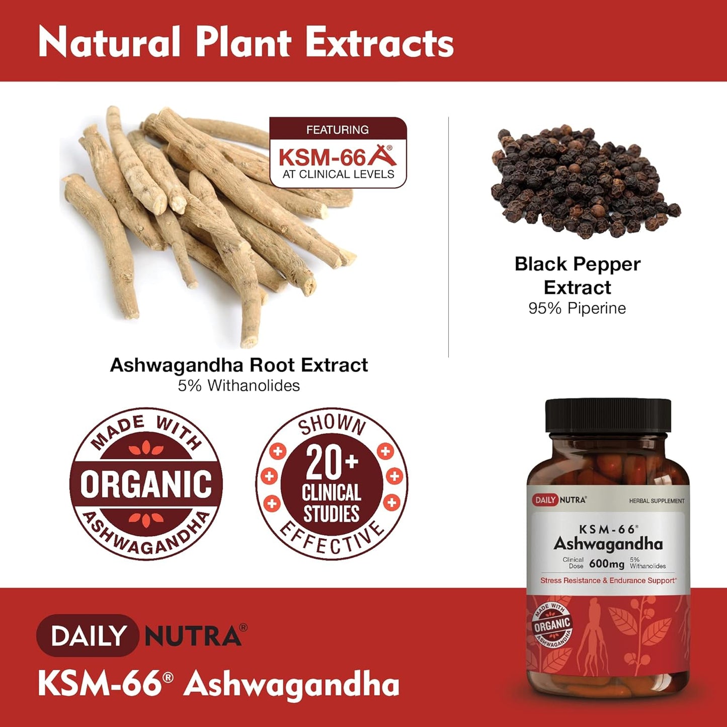 High Potency Organic KSM-66 Ashwagandha 600mg Root Extract Capsules - 5% Withanolides for Relaxation, Focus, Energy - 90 Count