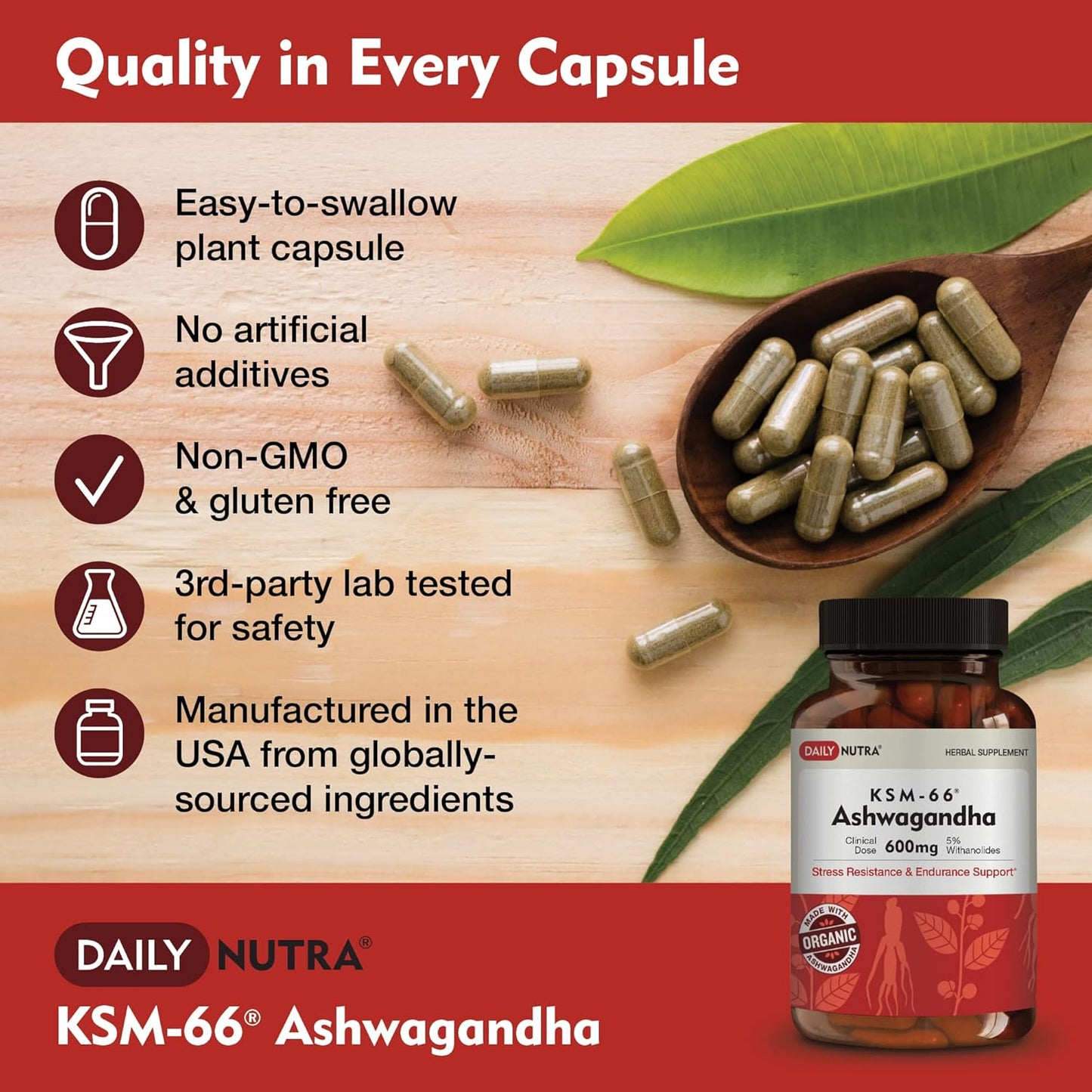 High Potency Organic KSM-66 Ashwagandha 600mg Root Extract Capsules - 5% Withanolides for Relaxation, Focus, Energy - 90 Count