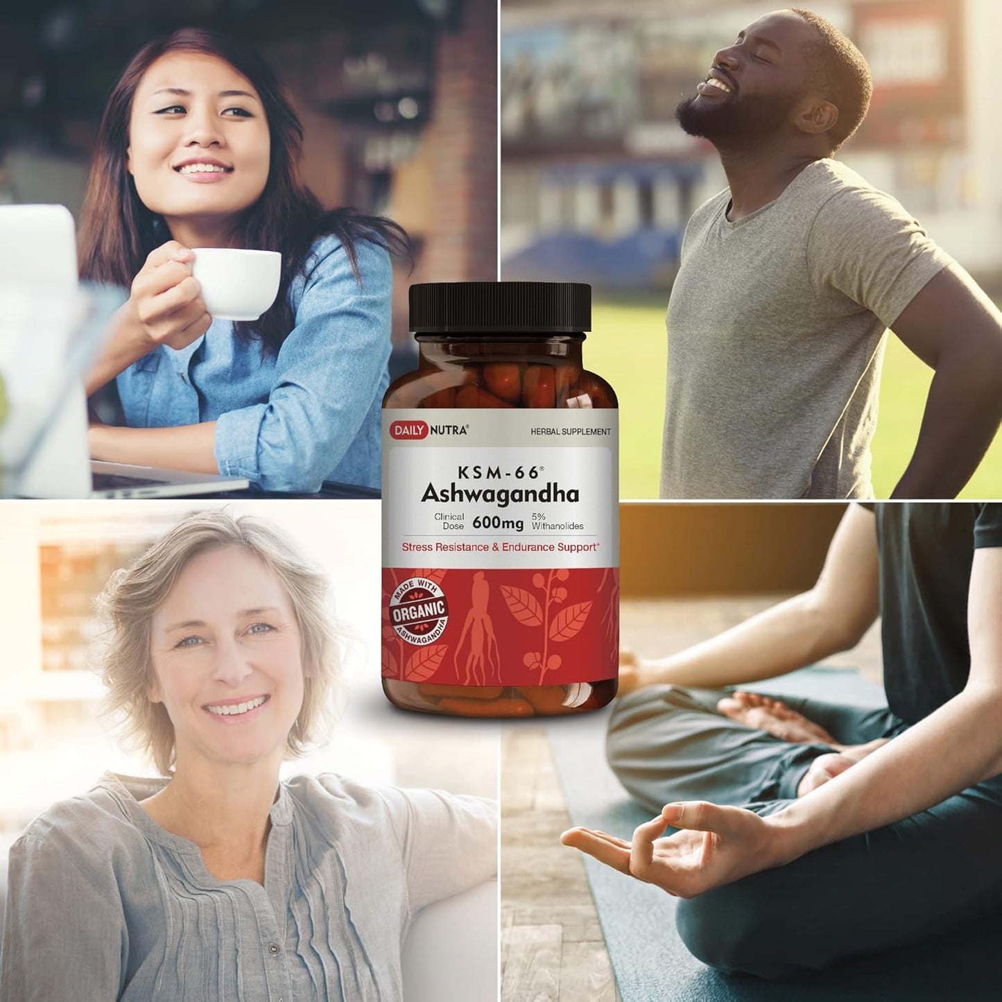 High Potency Organic KSM-66 Ashwagandha 600mg Root Extract Capsules - 5% Withanolides for Relaxation, Focus, Energy - 90 Count