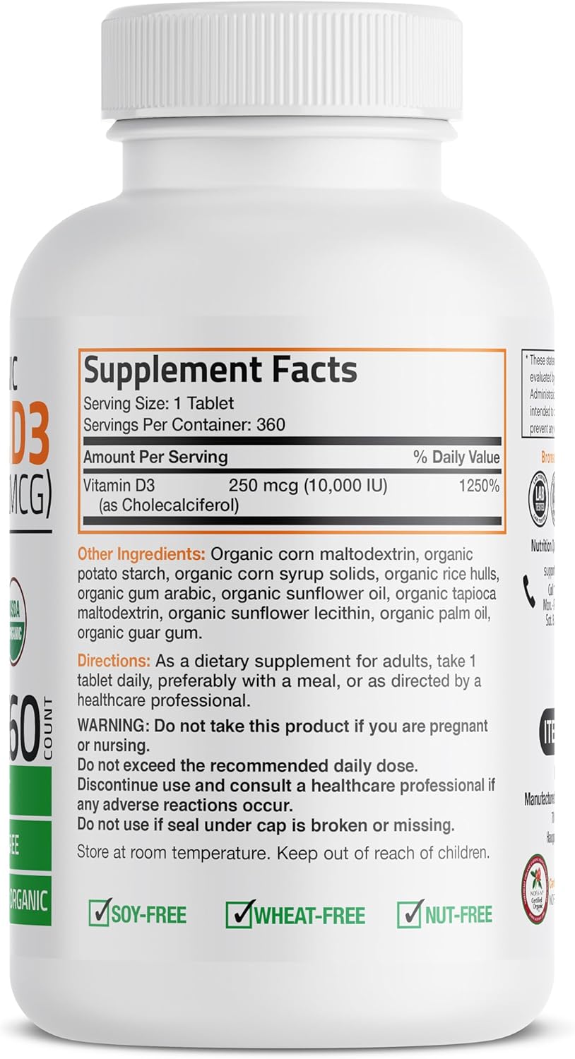 High Potency Organic Non-GMO Vitamin D3 10,000 IU Supplement for Immune & Bone Health, 360 Tablets