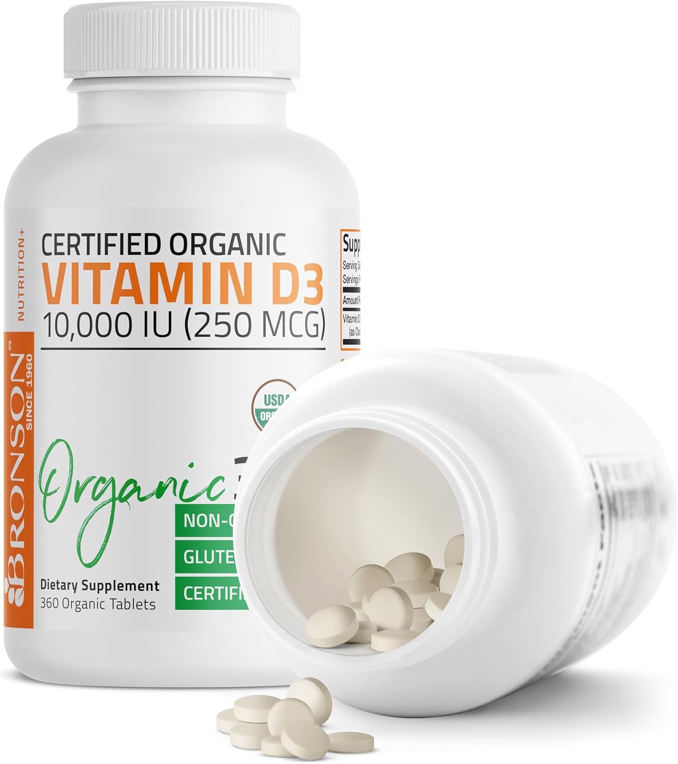 High Potency Organic Non-GMO Vitamin D3 10,000 IU Supplement for Immune & Bone Health, 360 Tablets