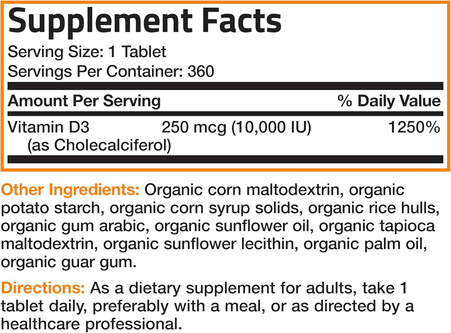 High Potency Organic Non-GMO Vitamin D3 10,000 IU Supplement for Immune & Bone Health, 360 Tablets