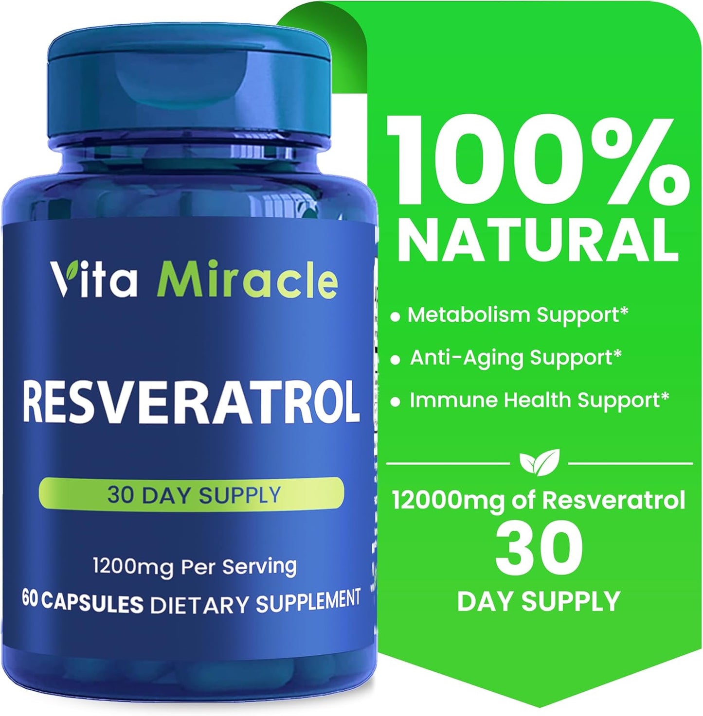 High Potency Organic Resveratrol Supplement - 1200mg for Enhanced Cellular and Cognitive Health - Non GMO - Compare to 500mg or 1000mg doses