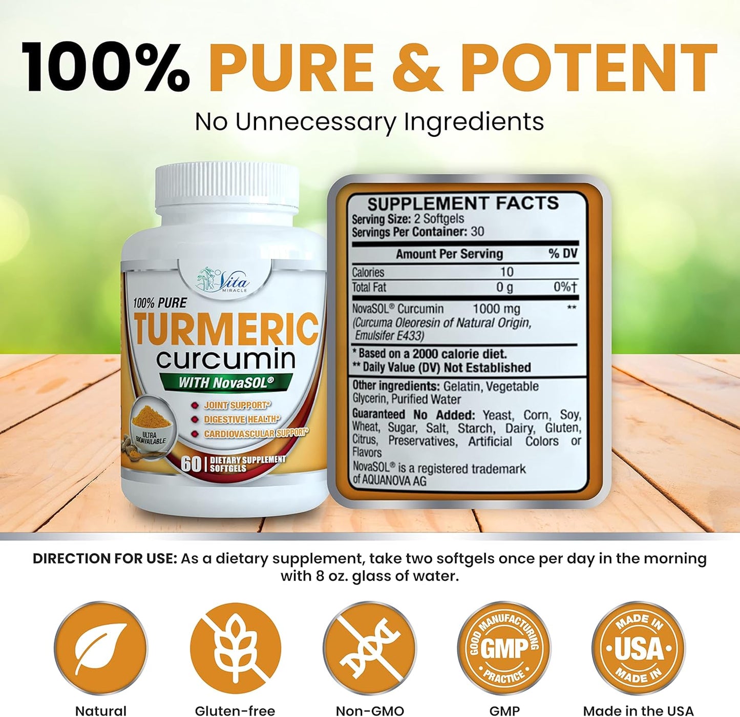 High Potency Organic Turmeric Curcumin Capsules with NovaSOL for Optimal Absorption - 1000mg Supplement (60 Count)